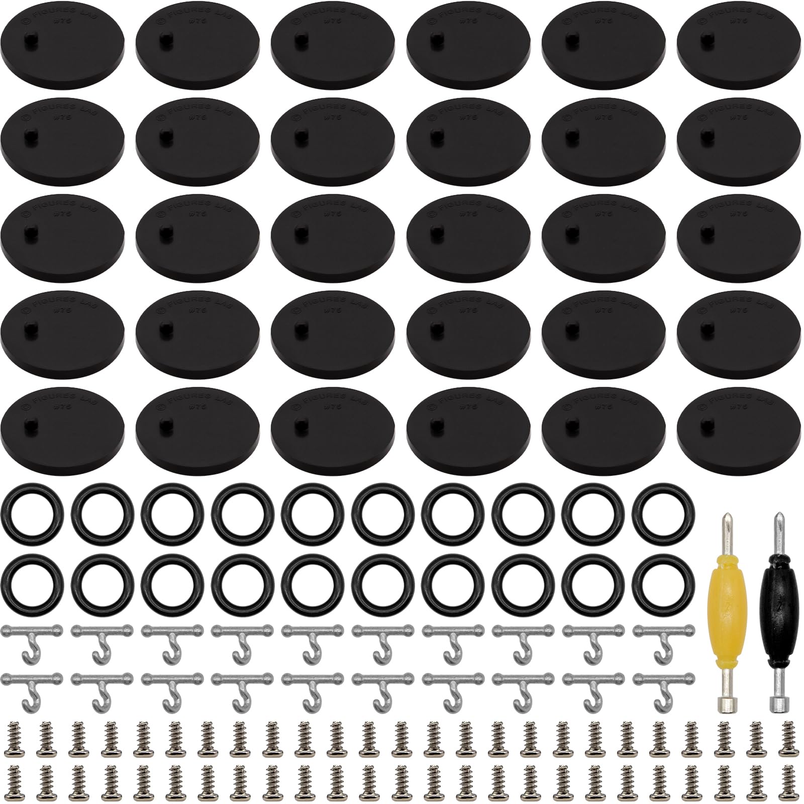 SIXPOINTS 30 Pieces Black Round Display Stand Base,20 T Hook +20 O-Rings Waistband +50 Screws+2 Spanner, Body Repair Part Set For 3.75 " Vintage G.i Joe Action Figure Toy
