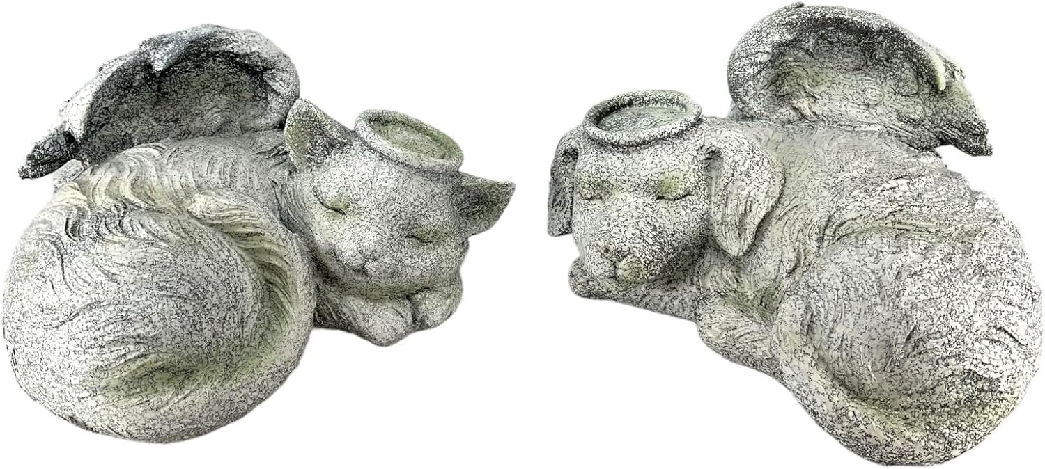 Sleeping Angel Cat & Dog with Wings Pet Memorial Garden Statue Figurine 2 Piece Set