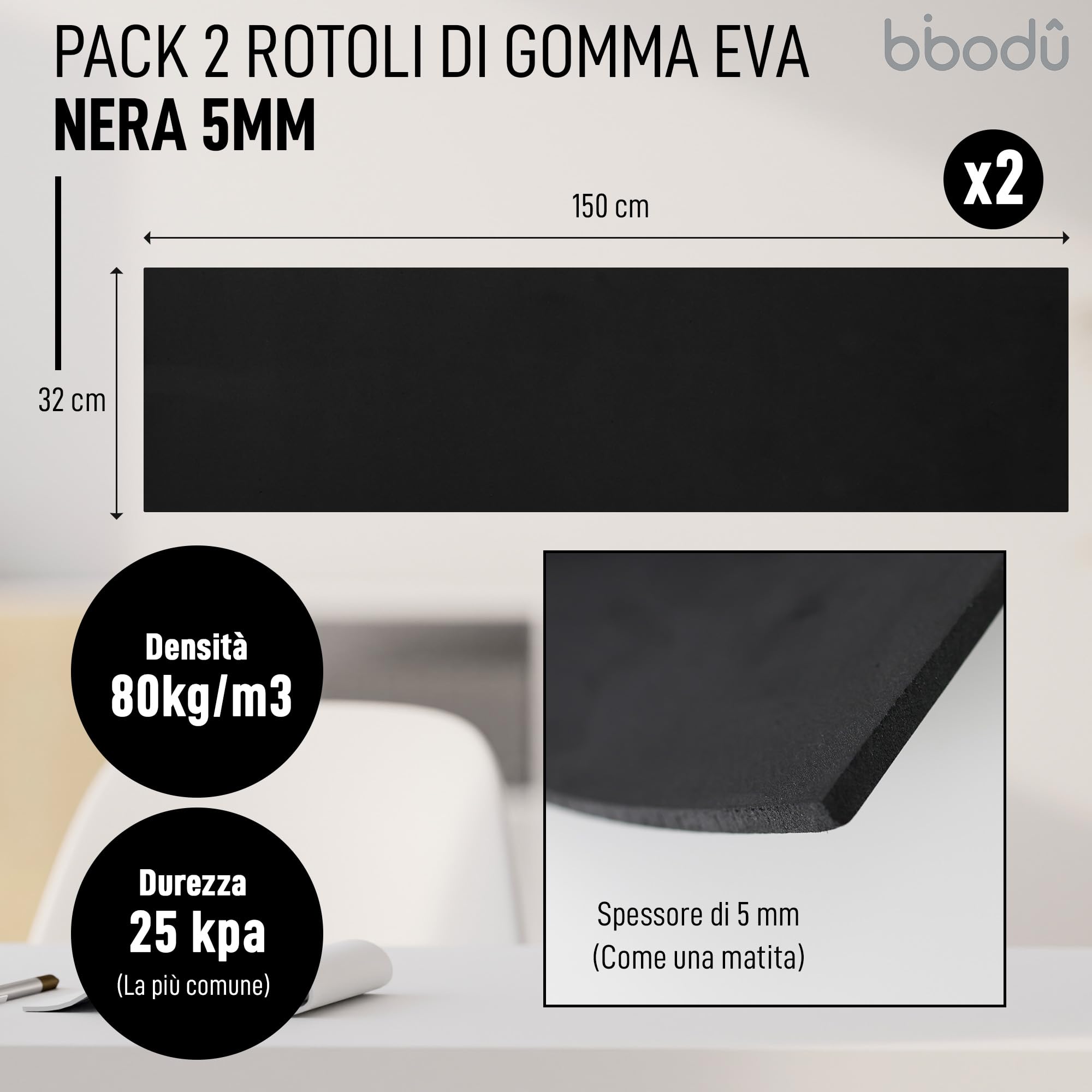 Pacco 2 Rotoli di Gomma Eva Nera 5mm di Spessore | Dimensioni fogli 150cm x 32cm, Densità 80 kg/m3 | EVA foam Nero per Creazioni DIY, Foam Cosplay, Halloween | Adatto Bambini e Bambine