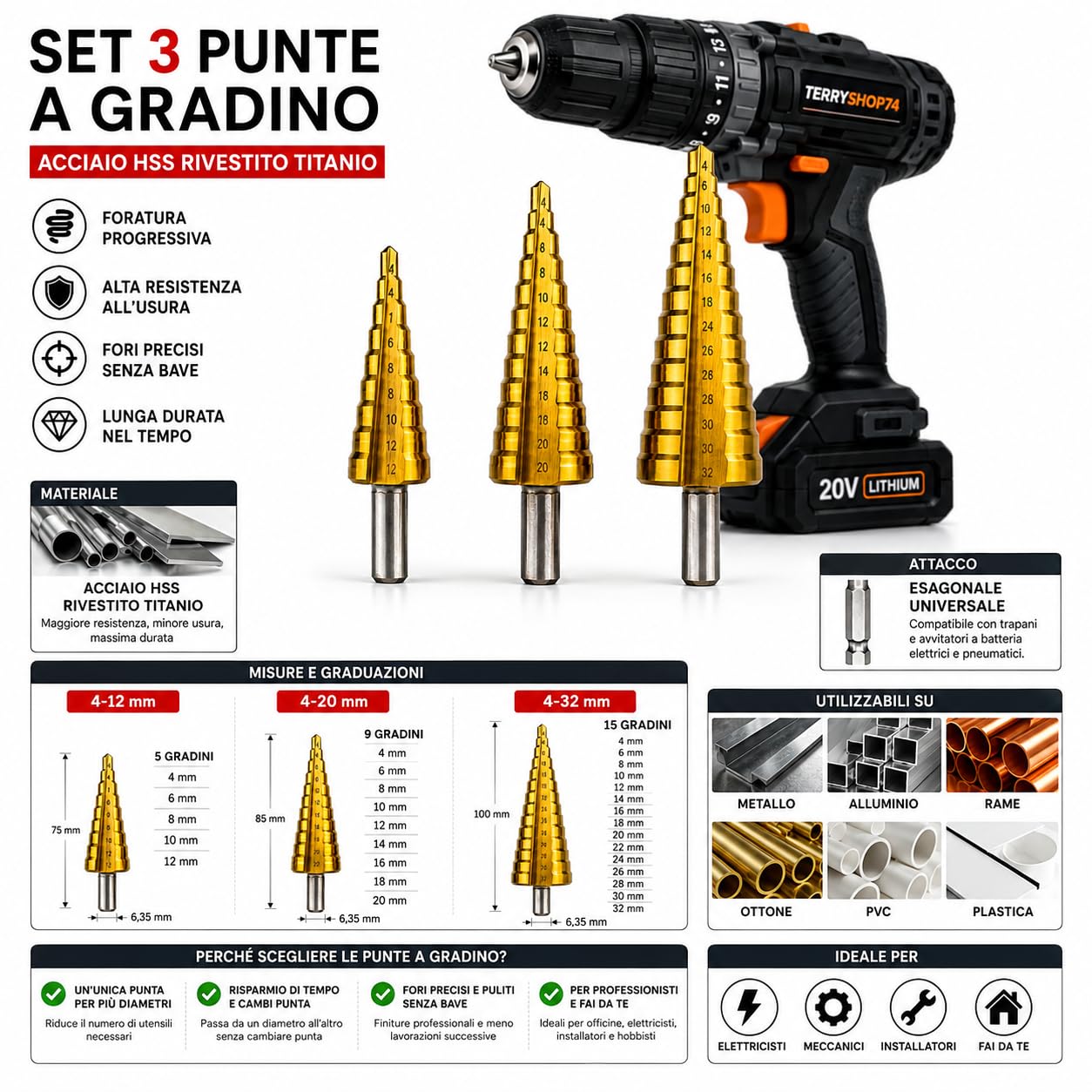 Terryshop74® Set 3 Punte a Gradino HSS Rivestite Titanio – Punte Coniche Graduate 4-12 mm, 4-20 mm e 4-32 mm – Per Metallo, Alluminio, Lamiera, PVC e Plastica – Attacco Esagonale