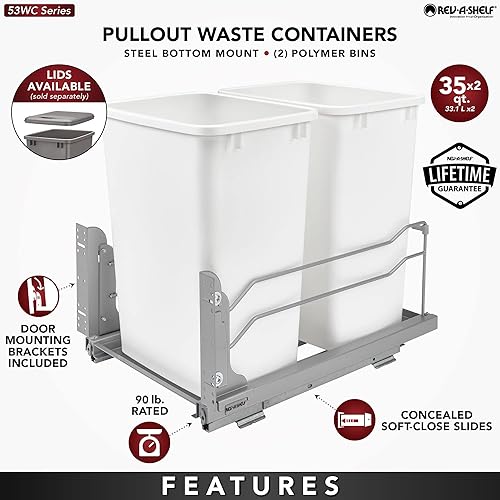 Miniatura 4 de Rev-A-Shelf Bote de basura doble extraíble para debajo de armarios de cocina, 27 cuartos de galón de 12.5 galones con toboganes de cierre suave,