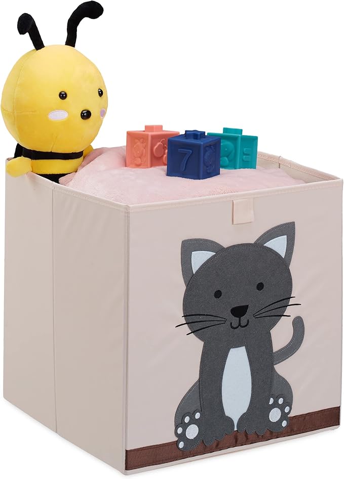 Relaxdays Aufbewahrungsbox Kinder, Katze, HxBxT: 33 x 33 x 33 cm, Stoffbox, faltbar, Spielkiste Kinderzimmer, beige/grau