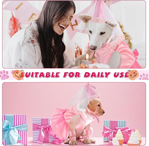 Miniatura 5 de Sweetude Juego de 6 piezas de disfraz de princesa de Halloween para perra, falda tutú, sombrero para perro, puños delicados, color rosa, para