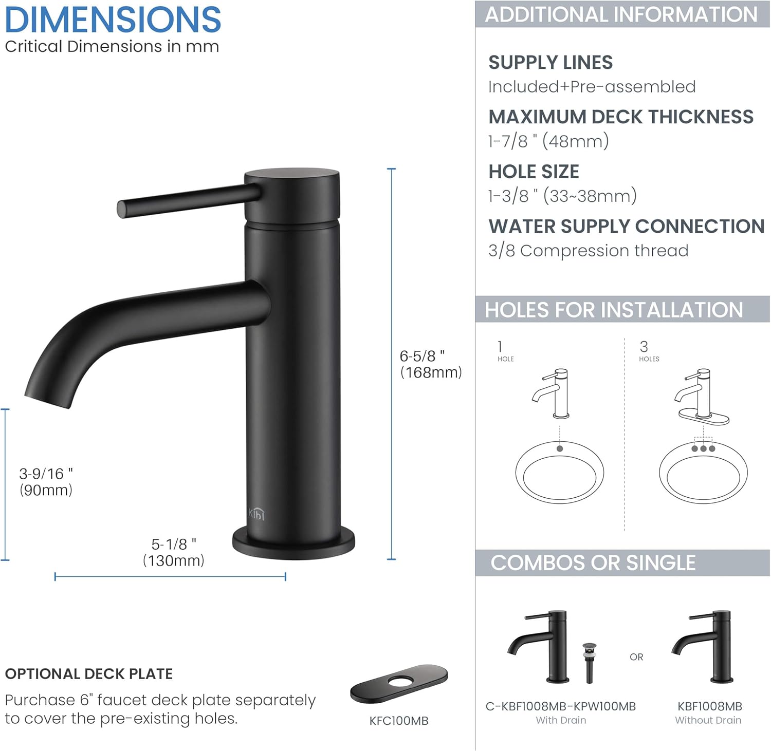 KIBI Circular Single Handle Bathroom Vanity Sink Faucet with Pop Up Drain | Solid Brass Lavatory Faucet with Water Supply Hose | Durable and Corrosion-Resistant | Matte Black, KBF1008