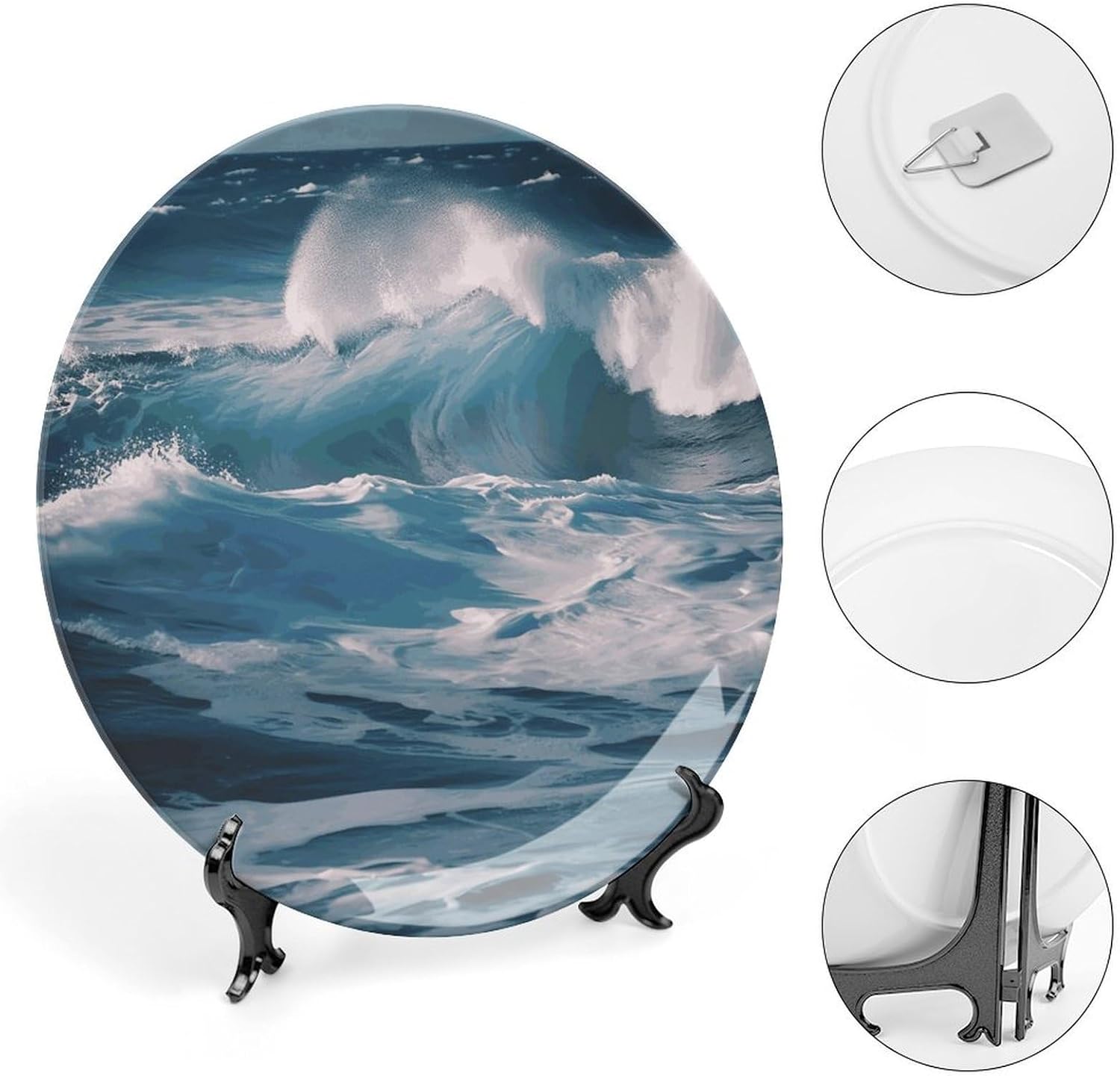 Ocean Waves Decorative Plates for Display Round Porcelain Plate Living Room Table Ceramic Hanging Decorative Plate Art Decor for Living Room Table with 1 Display Stand 10inch