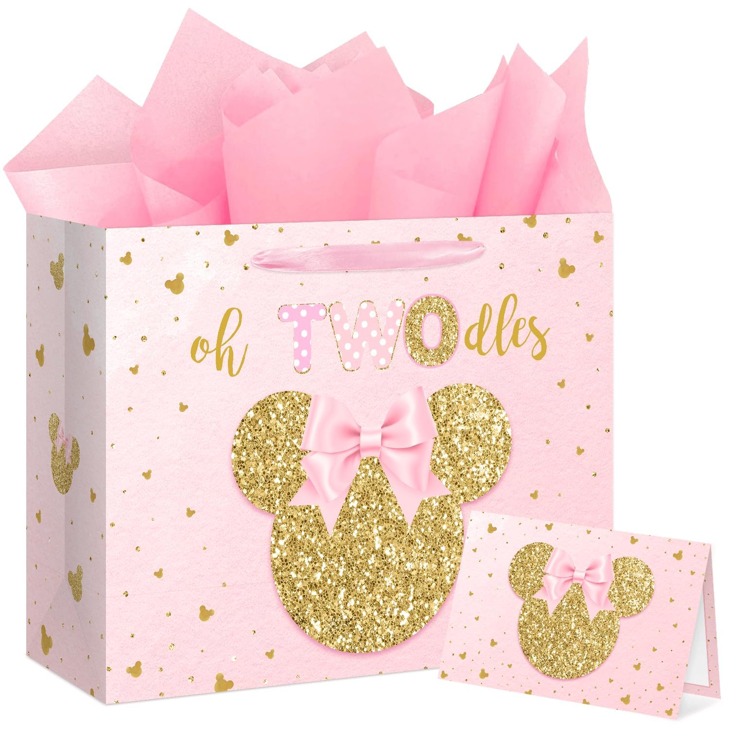 13" Large Oh Twodles Birthday Gift Bag with Tissue Paper and Greeting Card Glitter Pink Gold Wrapping Paper Bags Cartoon Mouse Happy 2nd Birthday Party Favor Bags for Girls 13"L x 10.2"H x 4.9"W