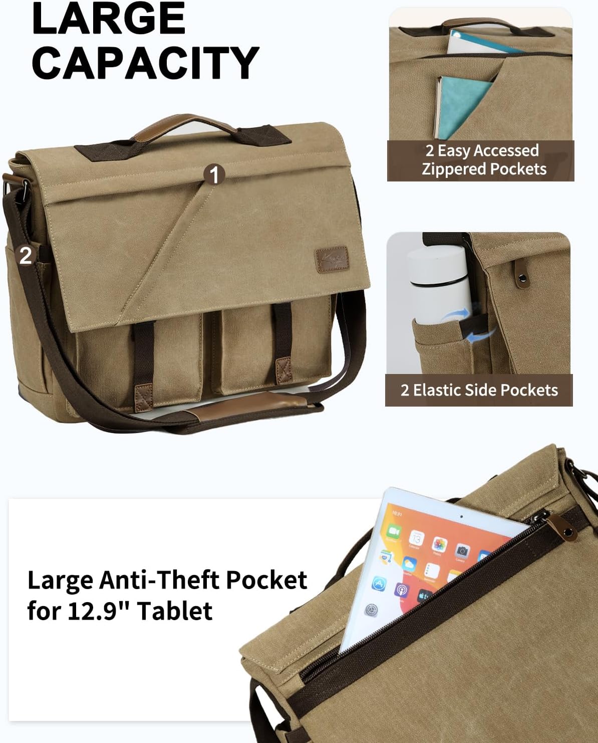 Kasqo Messenger Bag for Men, 14" 15.6" 17" Water Resistant Canvas Laptop Satchel Bag for School College Work