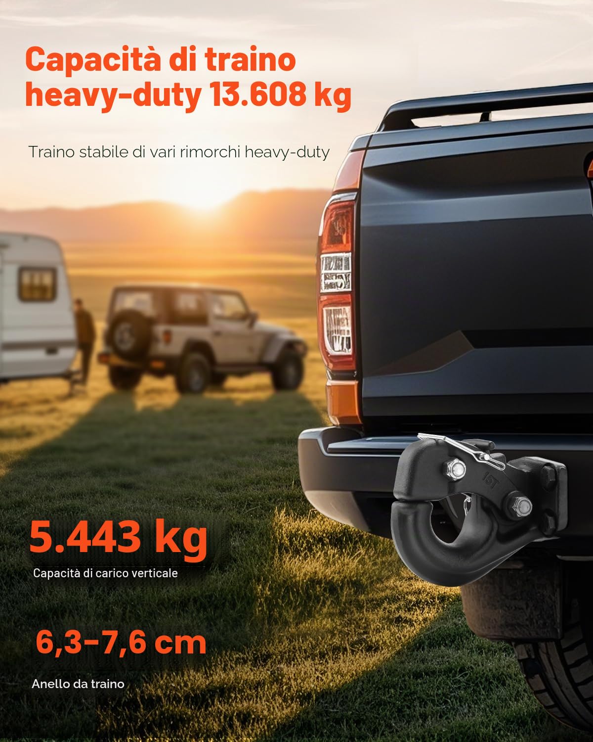 VEVOR Gancio a Perno 13605 kg Gancio di Traino Adatto per Anello a Lunetta da 63,5 a 76,2 mm con Kit di Montaggio, Adesivi di Avvertimento Fosforescenti, Verniciatura a Polvere Nera, per Vari Veicoli