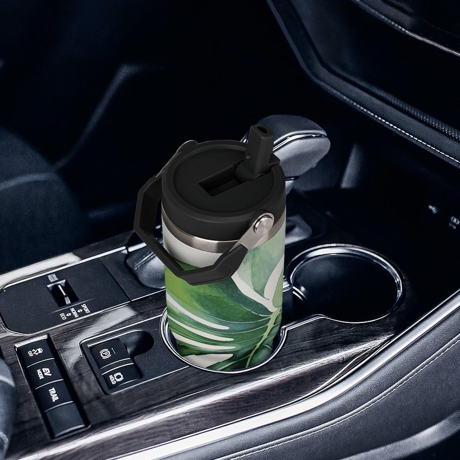 30oz Insulated Tumblers with Top Handle, Stainless Steel Watercolor Monstera Leaf Car Cup with Straw for Gift, Leak-Proof Double Wall Vacuum Travel Mug, Personalized Water Bottles Black