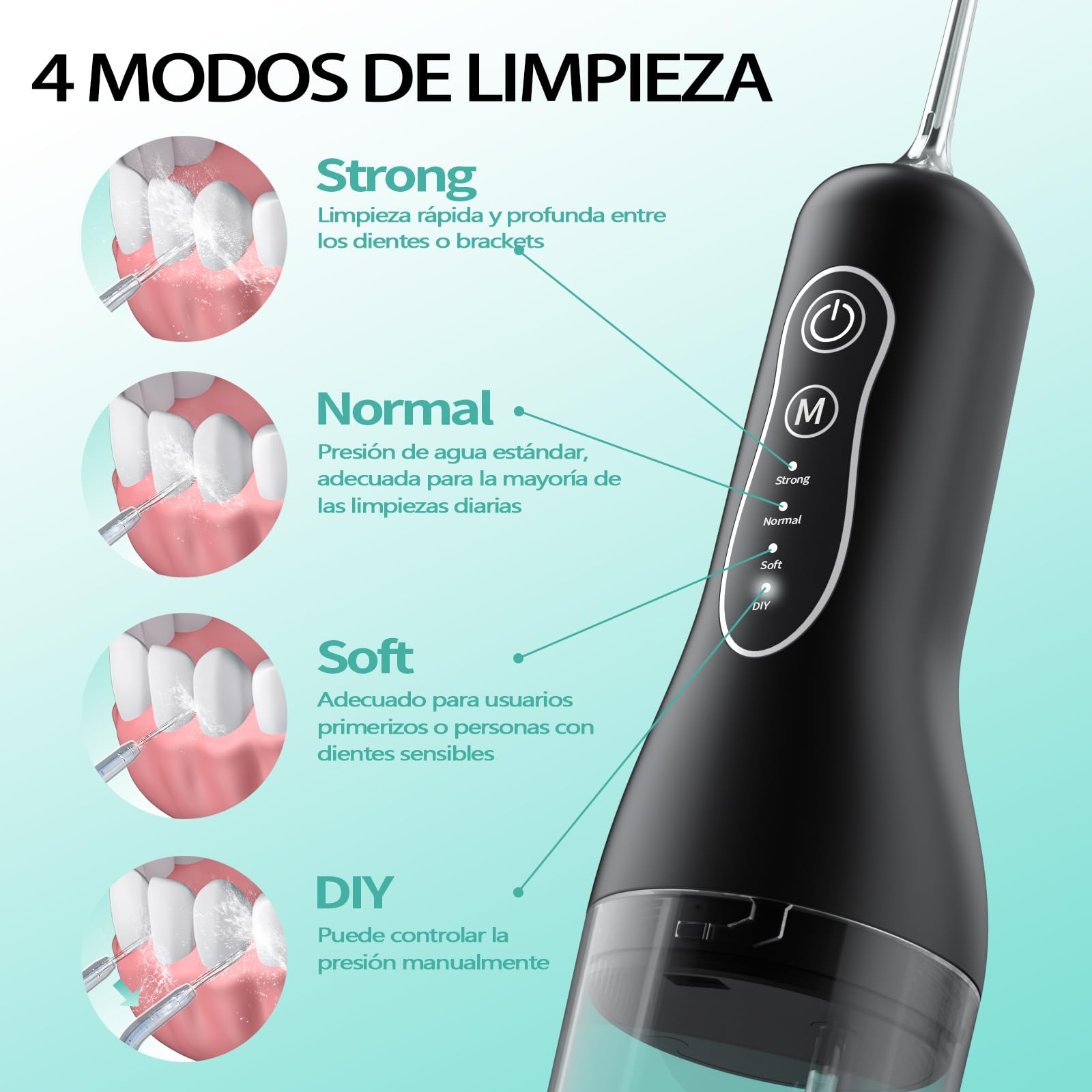 Irrigador Bucal Portatil, OasiSmile Irrigador Dental Eléctrico con Memoria Inteligente, 4 Modos y 5 Boquillas, IPX7 Impermeable 260ML USB-C Recargable Limpiador Interdental, Casa y de Viaje