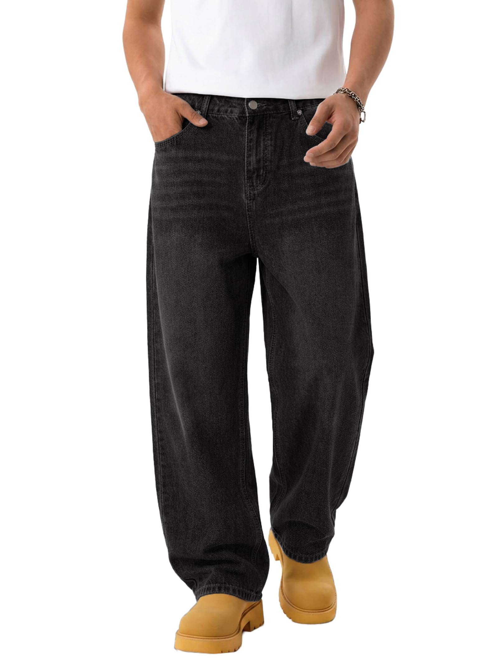 EMMIOL Baggy Jeans Men Wide Leg,Y2k Hip Hop Skater Denim Cargo Pants Casual Loose Fit,Relaxed Long Trousers 007-black-x Large