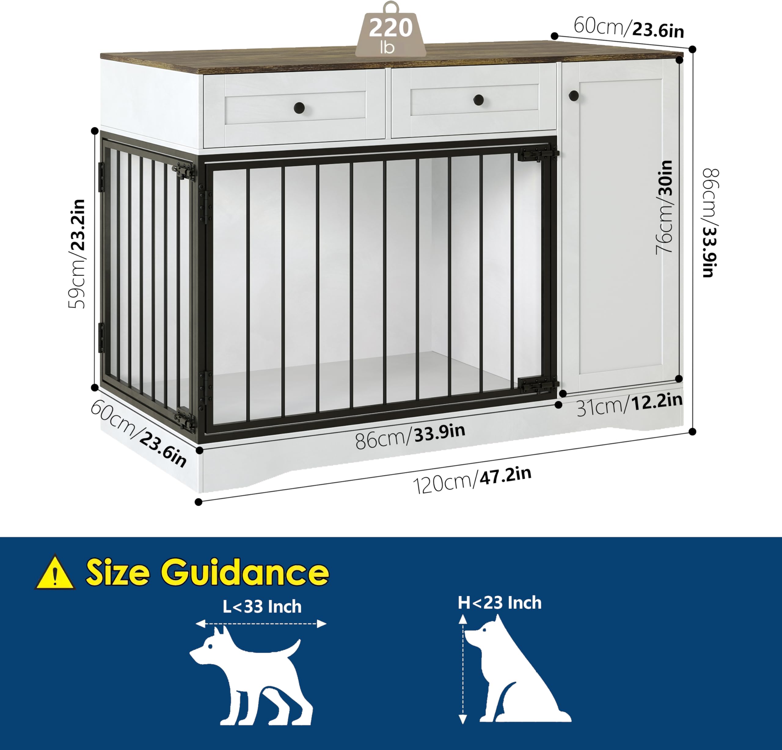 Hundekäfig Möbel, Hundebox 120 x 60 x 86cm für Zuhause mit 2 Türen, 2 Schubladen & Stauraum, Moderne Hundebox Holz, Beistelltisch, für Kleine und Mittelgroße Hunde, Hundekäfig Indoor, Weiß