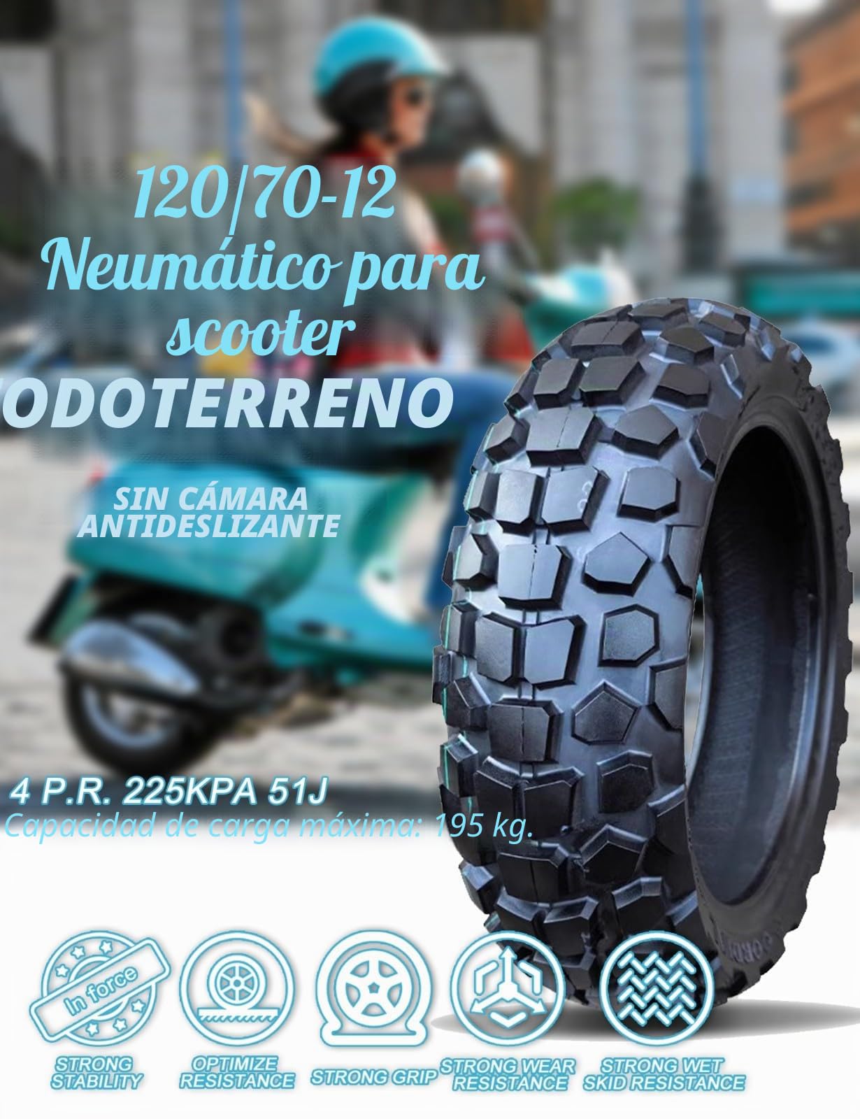 Neumático 120/70-12 para scooter/ciclomotor, delantero y trasero, 4 P.R. 225 kPa. Carga máxima: 204 kg. 59 J. Neumático 120/70/12 sin cámara, antideslizante y resistente al desgaste