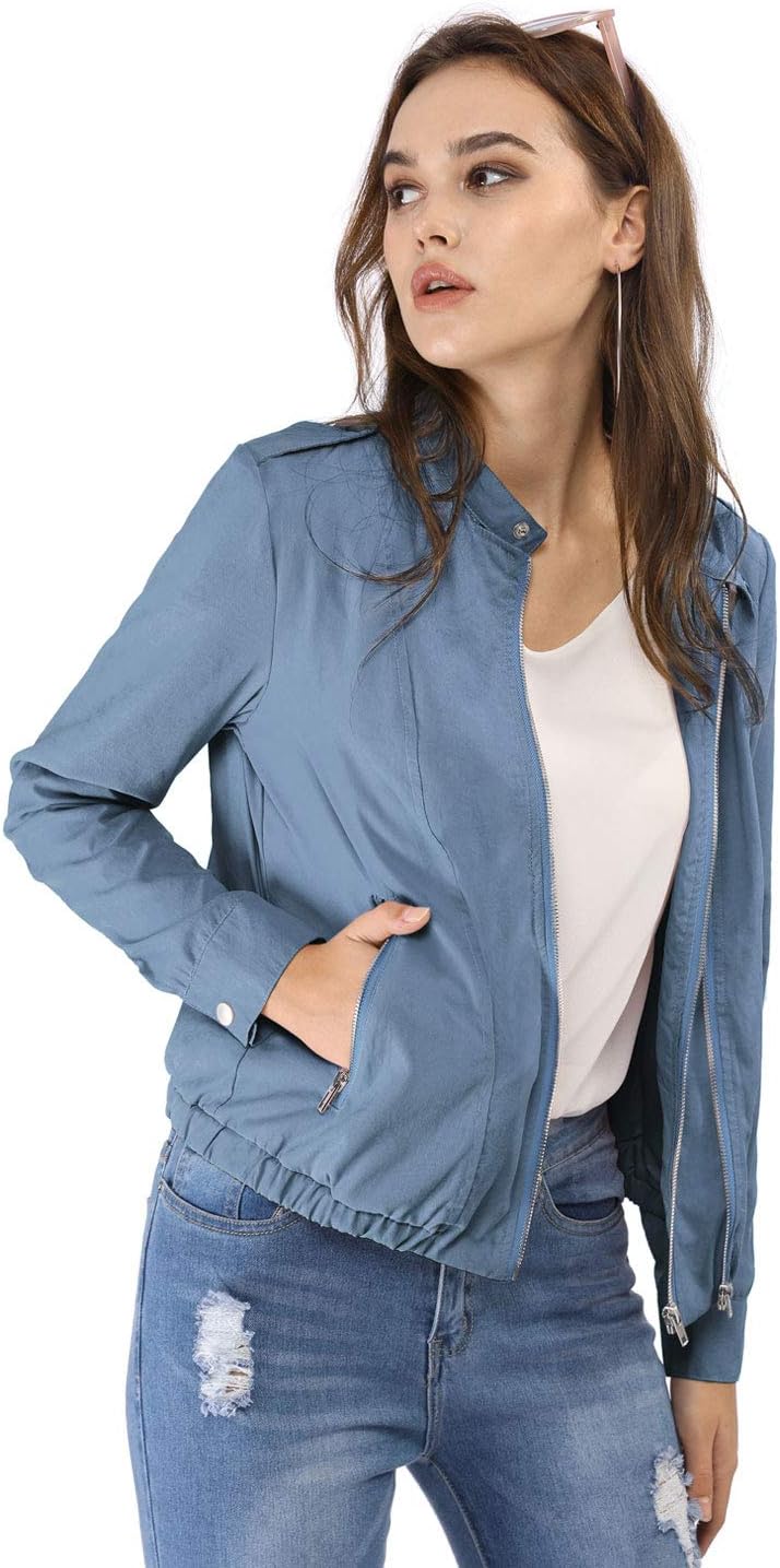 Allegra K Women's Lightweight Classic Casual Stand Collar Pocket Short Biker Moto Jacket
