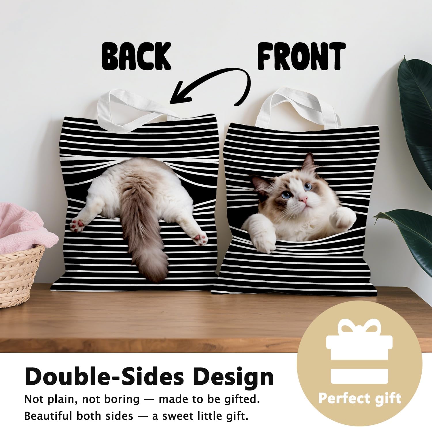 Cute Black Cat Canvas Tote Bag Aesthetic Flowers Reusable Shopping Grocery Bags Birthday Gifts for Women & Teen Girls image 3