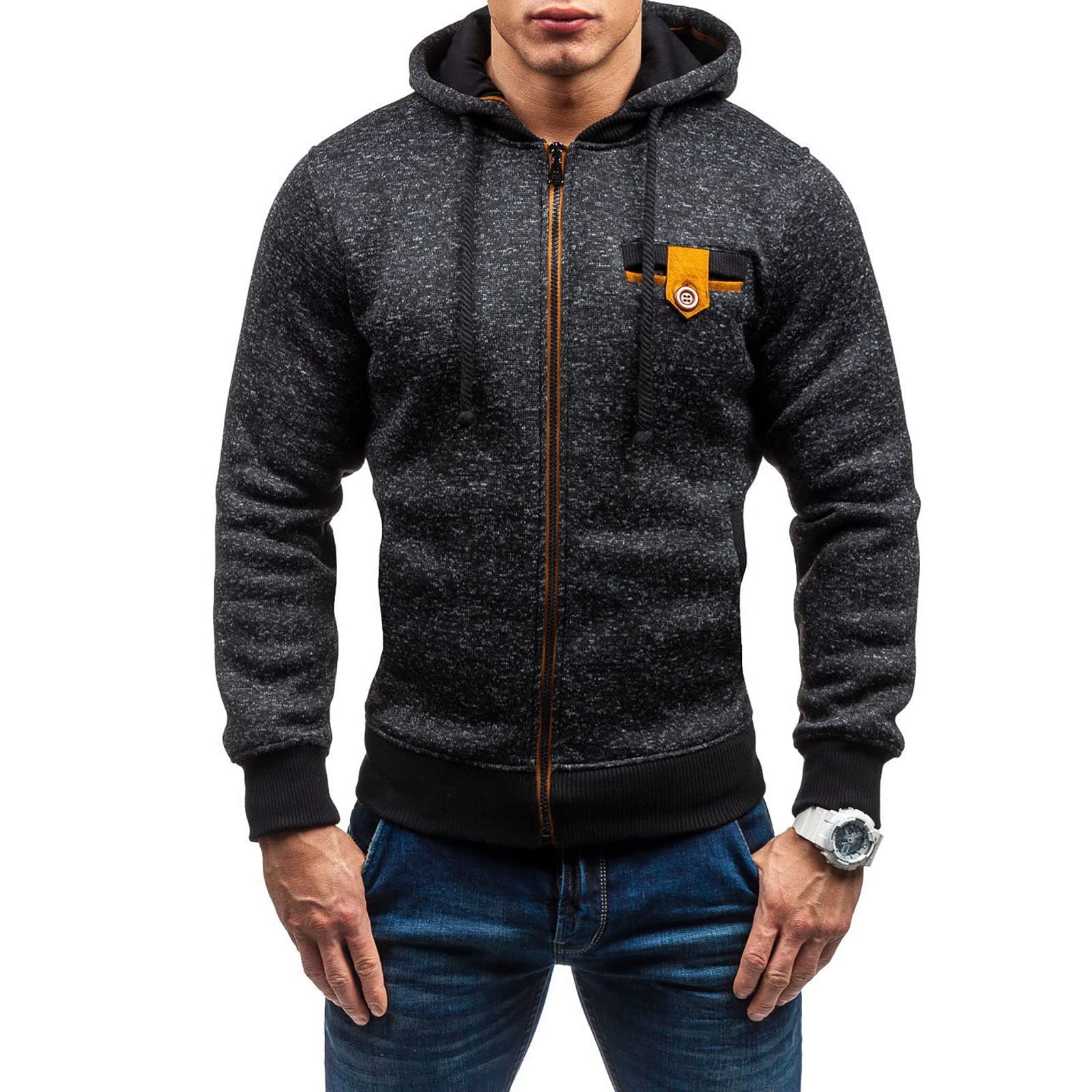 Chaqueta de punto de forro polar para hombre, sudadera con capucha con cordón y cuello redondo sólido para entrenamiento de fitness para todas las estaciones, para deportes al aire libre