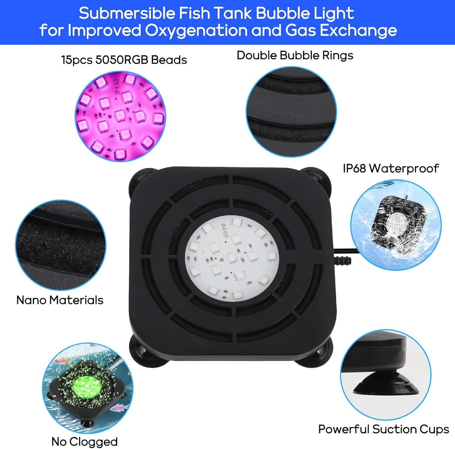 Submersible Fish Tank Decor Light: Aquarium Bubble LED Lights - IP68 Waterproof APP Remote Control 5050 RGB Color Changing Aquarium Decor Bubble Lamp for Fish Enthusiasts Aquatic Pets