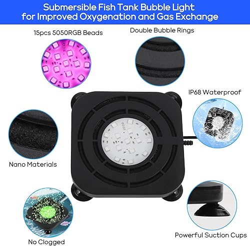 Submersible Fish Tank Decor Light: Aquarium Bubble LED Lights - IP68 Waterproof APP Remote Control 5050 RGB Color Changing Aquarium Decor Bubble Lamp for Fish Enthusiasts Aquatic Pets(15 LED lamp beads)