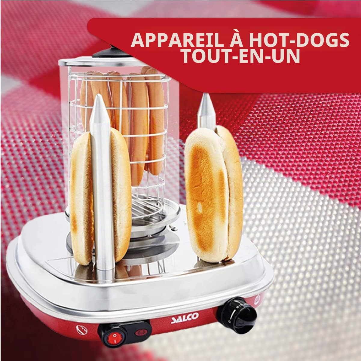 Salco Hot Dog Maker - Cuiseur vapeur de style rétro - 450 W - Avec contrôle thermique - Brochettes chauffantes pour 2 petits pains - Capacité du cylindre pour 8 saucisses - Boîtier en métal, cylindre
