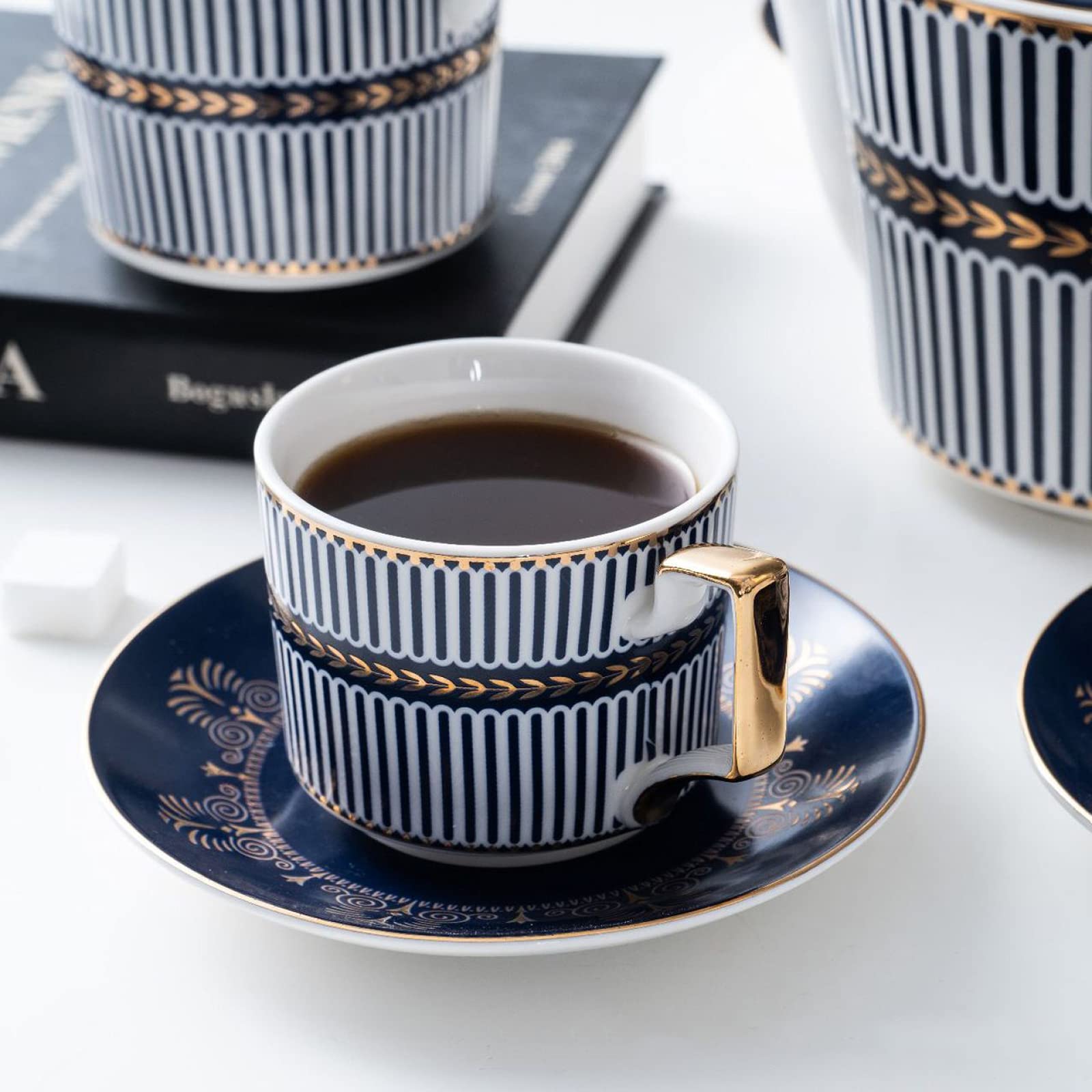 zestaw do herbaty, 11 szt. Porcelanowy zestaw do herbaty Zestawy filiżanek i spodków kawy Zestaw Serwis herbaciany Niebieskie paski Czajniczek, Cukiernica, Dzbanek śmietanki