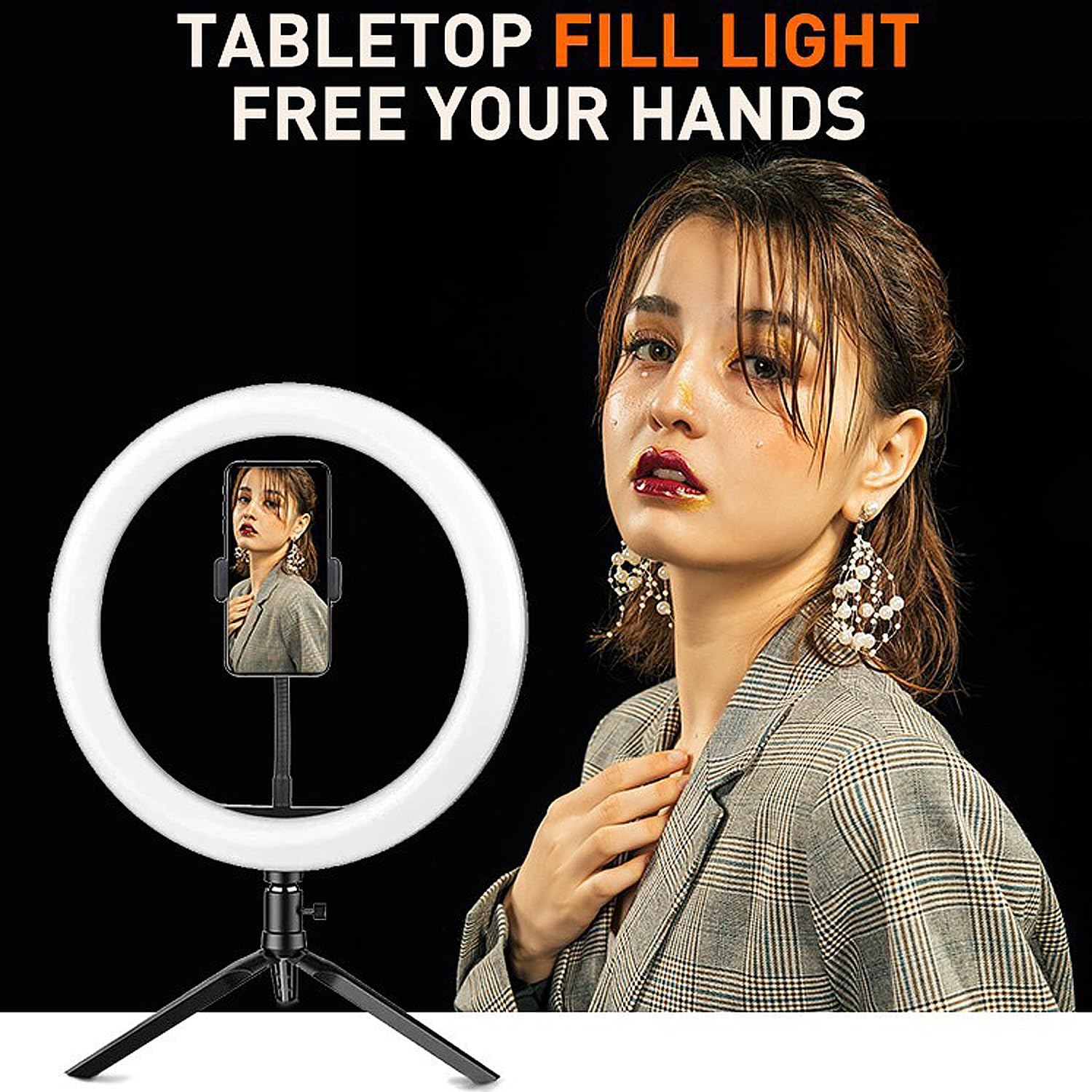 Luce ad anello da 25,4 cm con supporto per treppiede, per registrazione video e trucco, luce aureola regolabile con supporto per telefono cellulare, lampada a LED con 3 modalità di illuminazione e 11