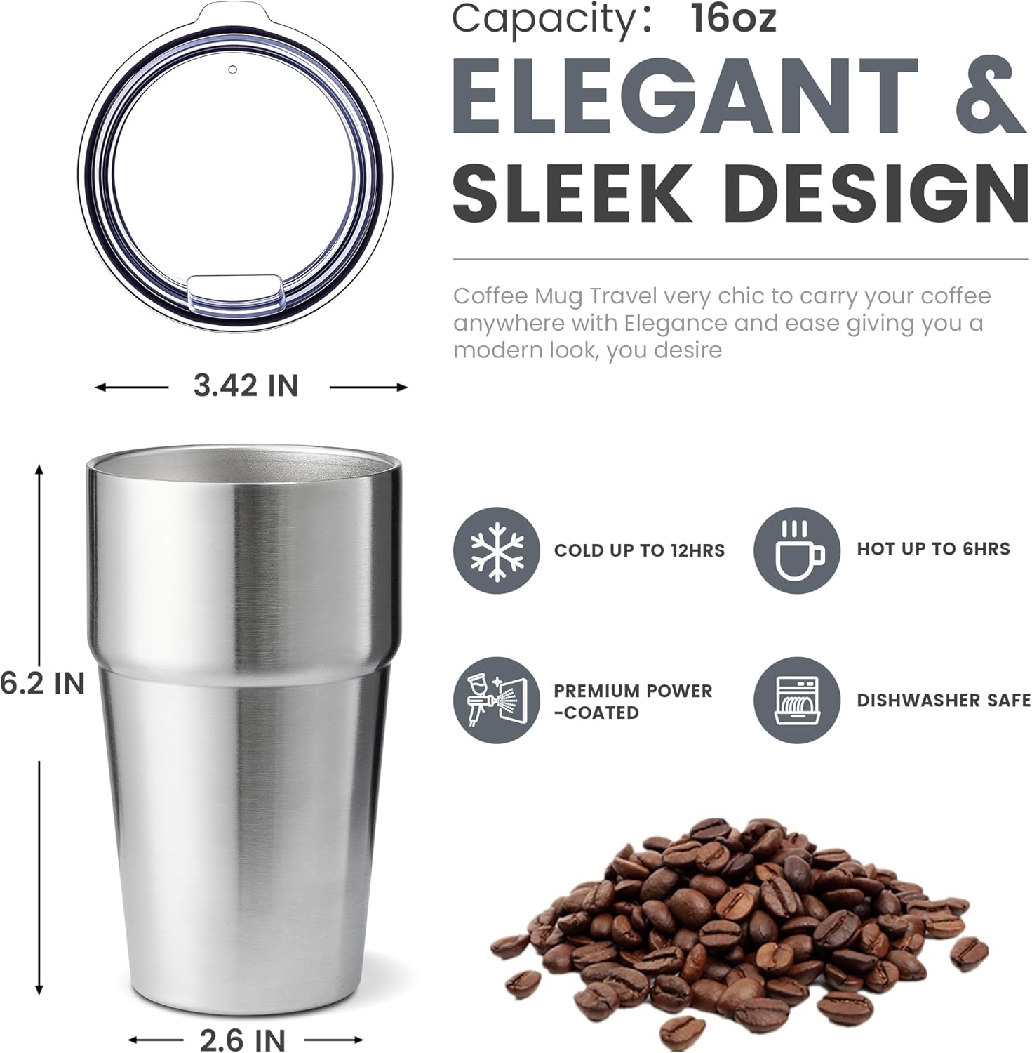 MEWAY 16oz Tumbler Double Wall Vacuum Insulated Travel Mug Bulk, Stainless Steel Tumblers with Lid, Powder Coated Coffee Cups for Cold & Hot Drinks (Silver,6 Pack)