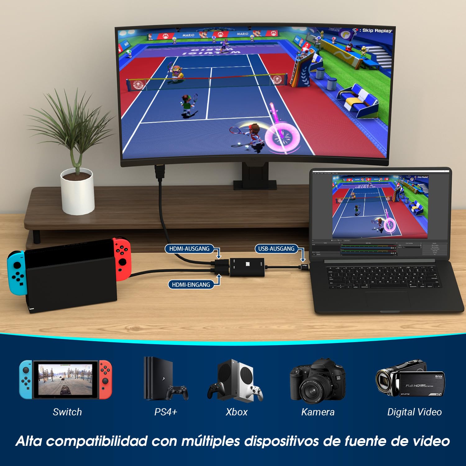 August VGB500 Transmisor Capturador HDMI - USB 3,0 Full HD 1080p 60fps - Capturador, Grabador y Transmisor Compatible con PS4, PS5, Xbox One y Switch para PC, Mac & Linux