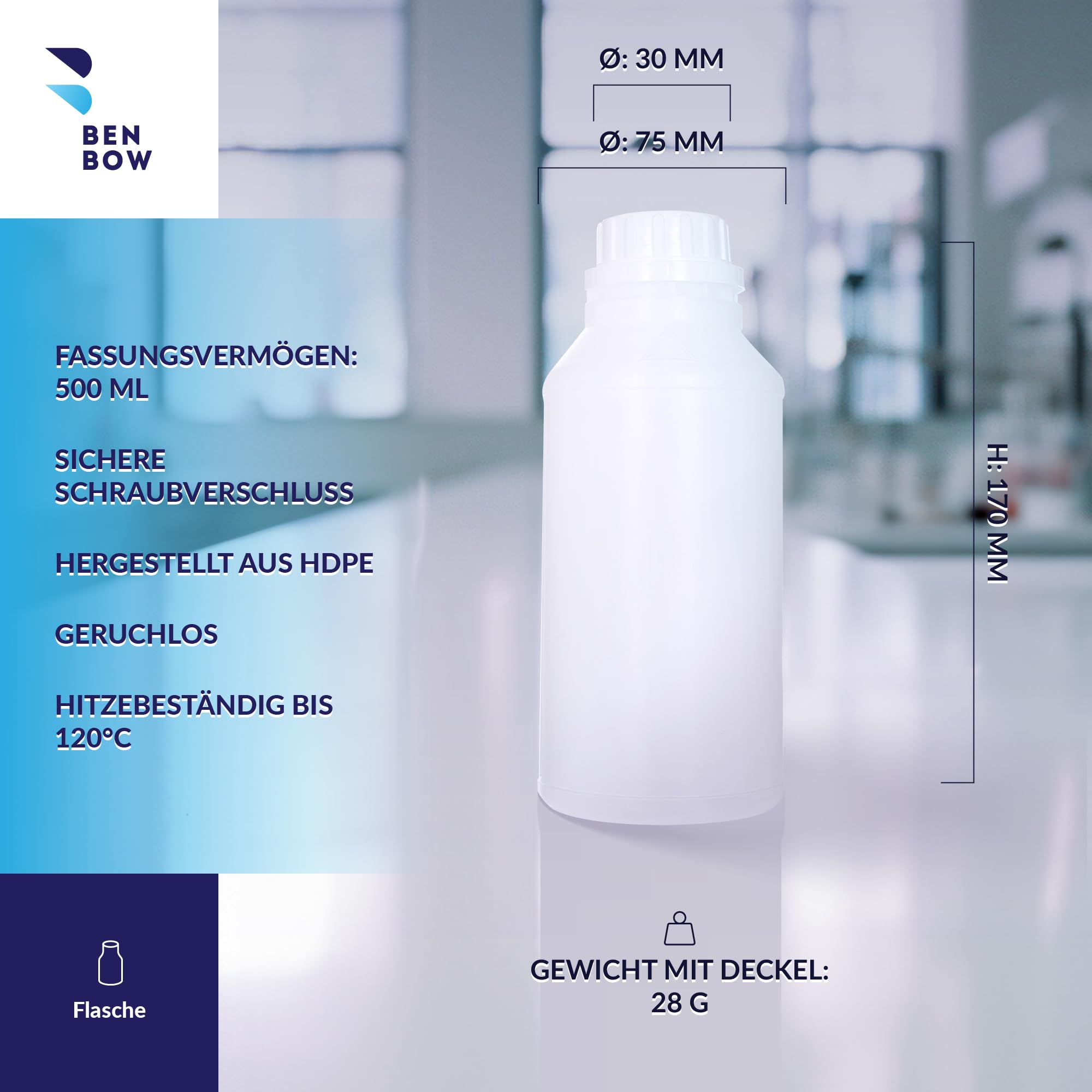 BenBow HDPE Kunststoffflasche 10x 500ml mit Schraubverschluss und Skala für sichere Aufbewahrung von Flüssigkeiten und Chemikalien - ideal für Haushalt, Labor und Industrie