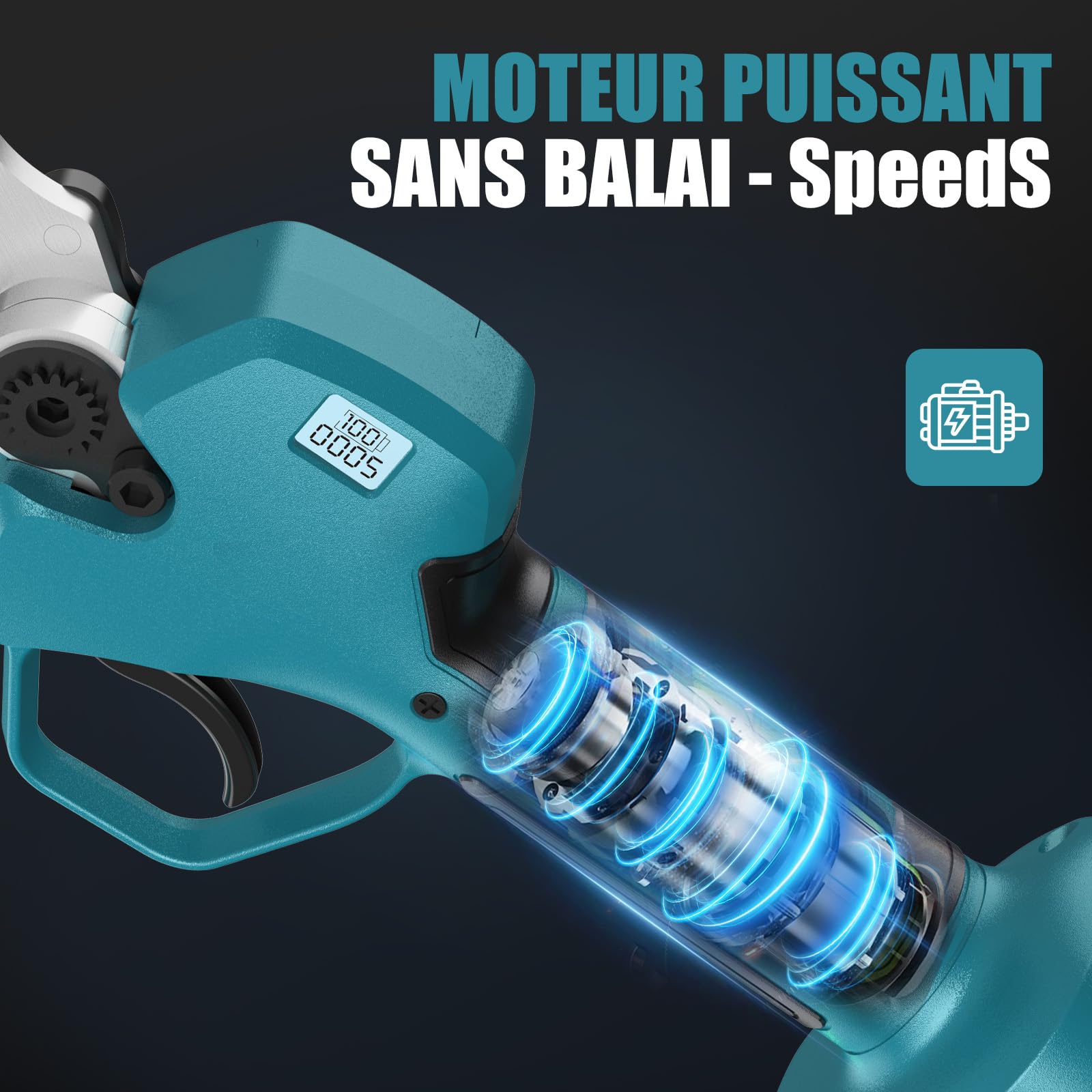 Sécateur Électrique Sans Fil, 40mm Secateur Electrique Professionnel avec 21V/2X2000mAh Batterie et Moteur Sans Balais Ciseaux de Jardinage Professionnel, LCD Display Bildschirm