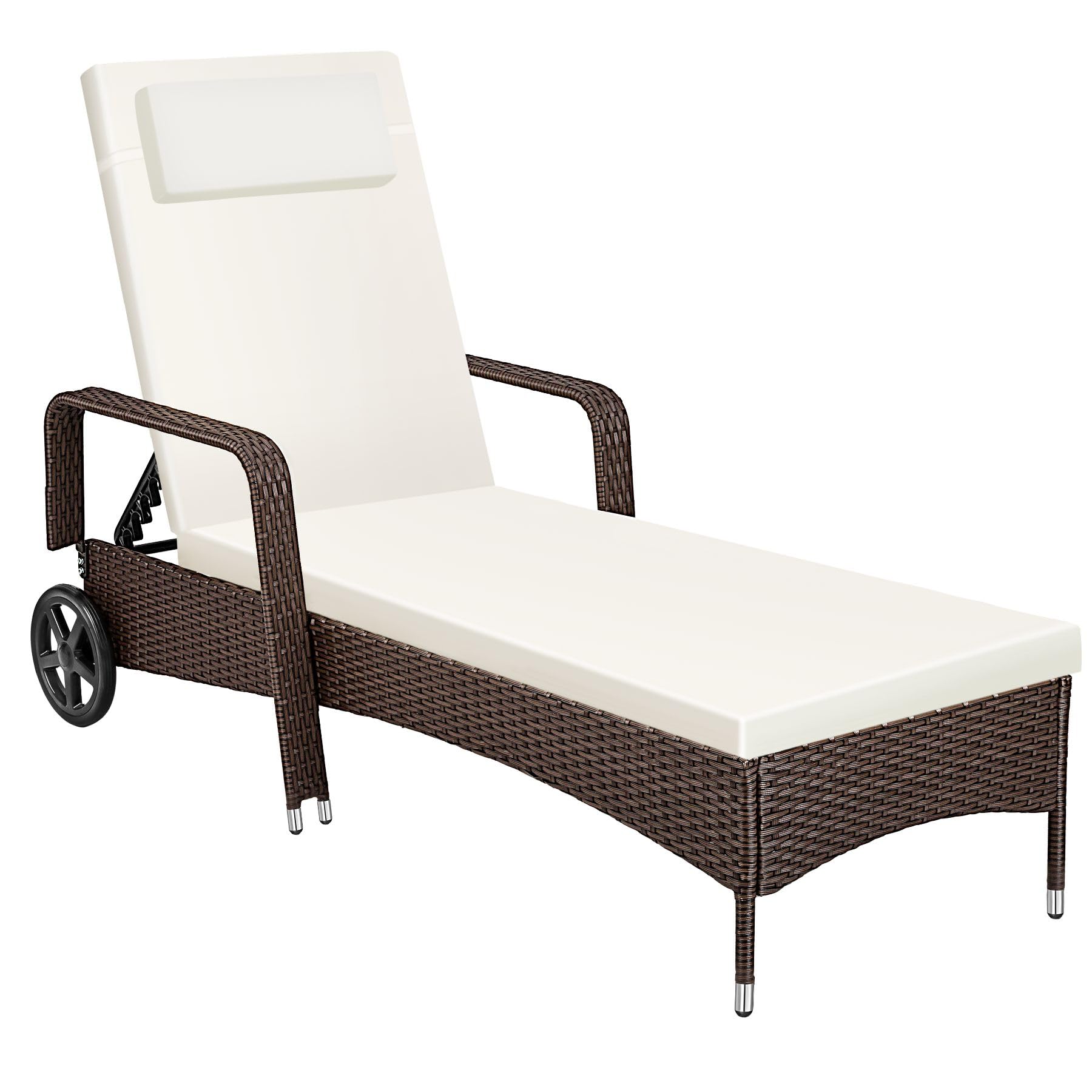 TecTake®, Tumbona Chaise Longue, Ajustable de Poliratán con Ruedas, Mueble Exterior Sofa Acolchado para Jardín y Terraza, 6 Posiciones, Fácil de Limpiar, Moderno, Hamaca de Jardín - Marrón/Blanco