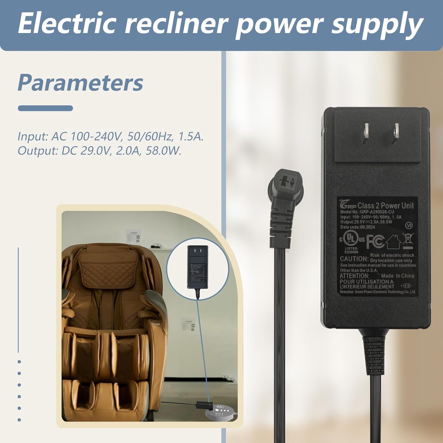 Recliner Power Supply Plug in Wall Compatible Model ZB-H290020A-C ZBPOWER, 29V 2A AC/DC Switching Recliner Replacement Parts for Limoss OkiN Power Recliner or Lift Chair