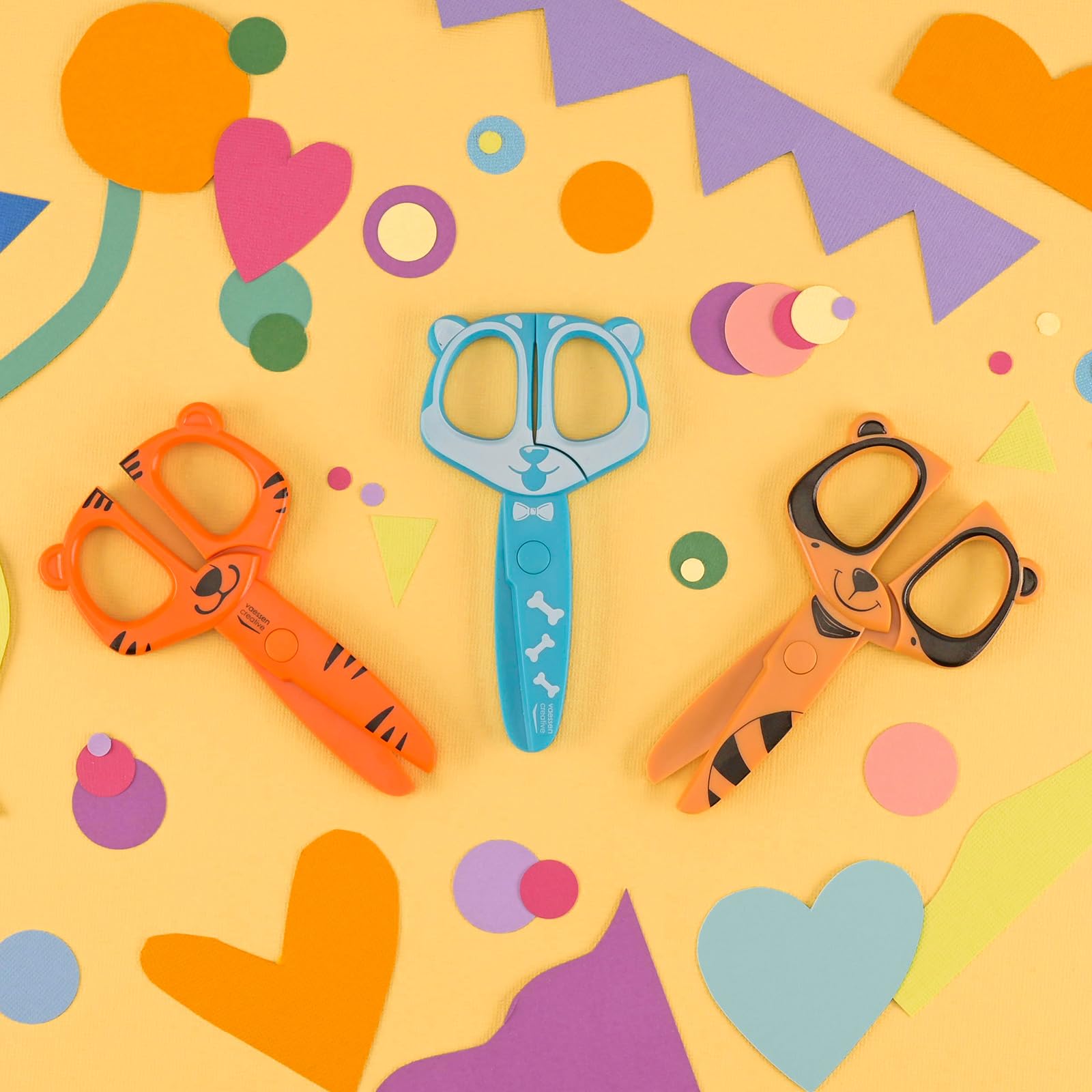 Vaessen Creative Set di Forbici per Bambini Procione, Cane, Tigre - 3 pz da 12 cm - Forbici punta arrotondata per la Sicurezza - Per Mancini e Destrimani - Progetti Creativi e di Hobbistica