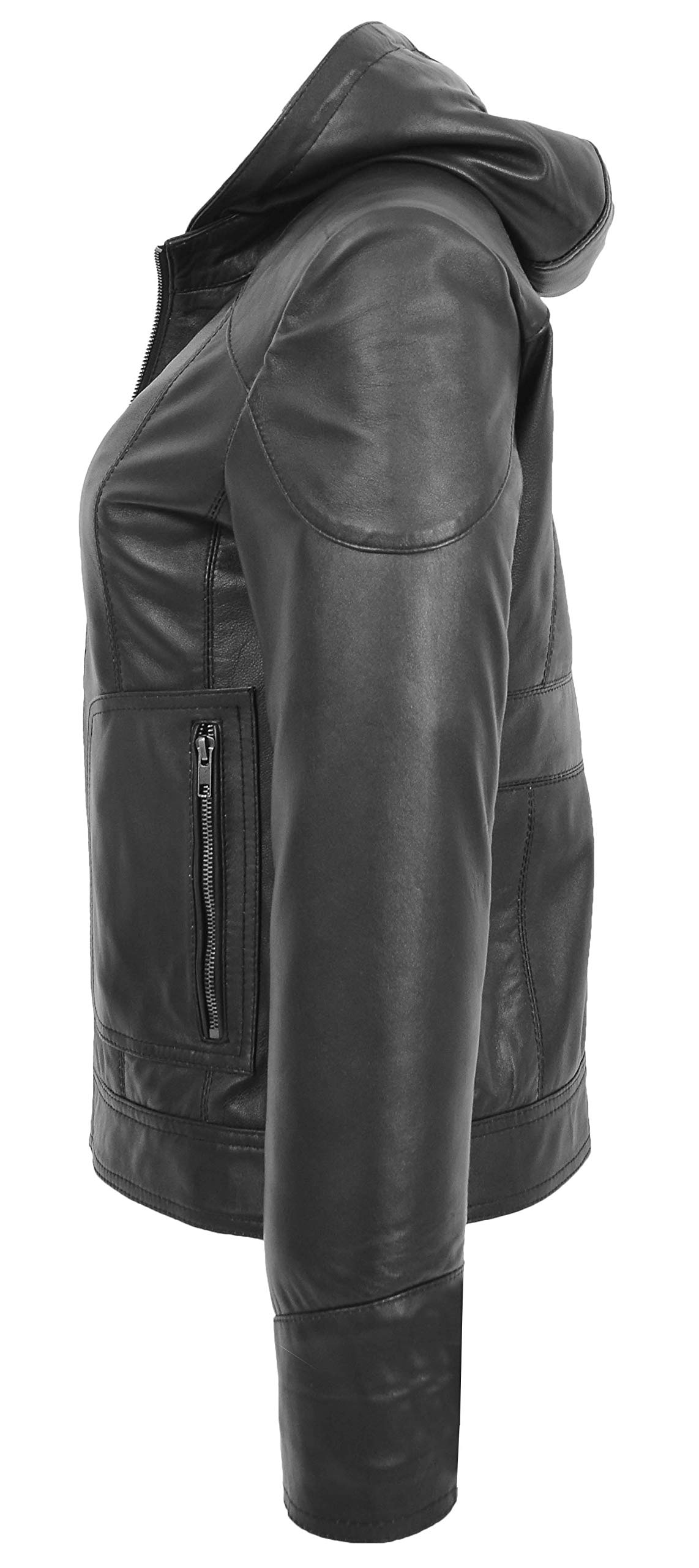 Chaqueta de cuero real para mujer con capucha desmontable estilo motero Brooke negro