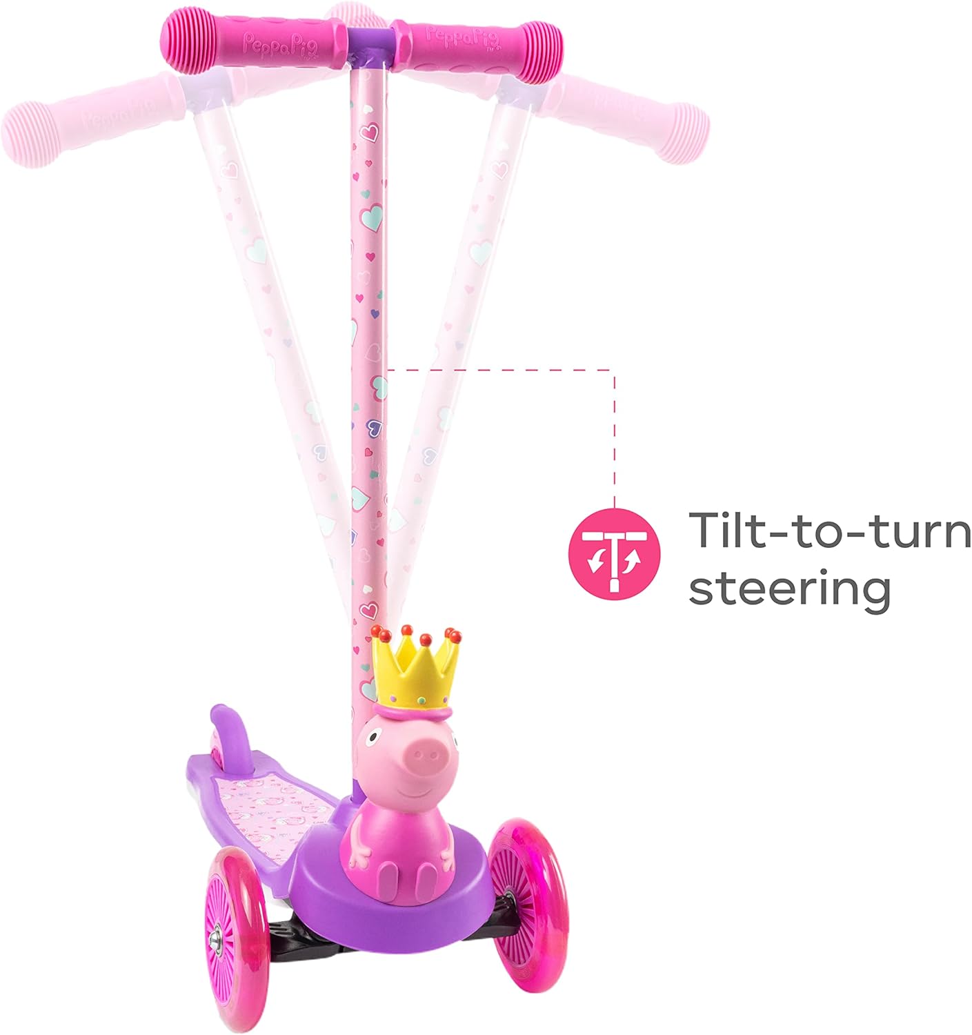 Peppa Pig Kick Scooter for Kids, Self-Balancing 3 Wheeled Light Up Scooter with Extra Wide Anti-Slip Deck, Rear Brake, Lean to Steer, Lightweight Design, for Kids 3 and up, 75 LB Limit