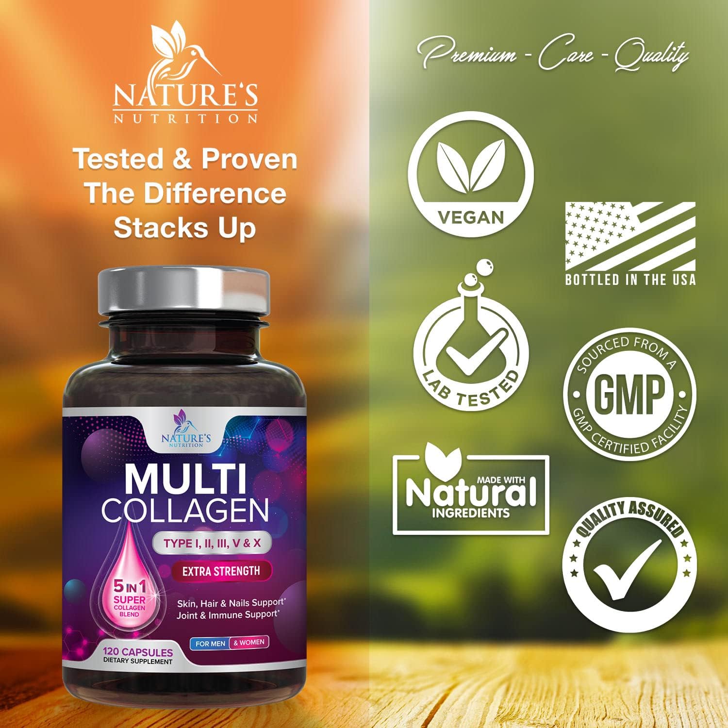 Collagen Capsules Multi Collagen Peptides 1000mg - Types 1, 2, 3, 5, 10 - Bottled in USA - High Absorption Hydrolyzed Collagen Protein Supplement for Hair, Skin and Nails - 120 Capsules : Health & Household