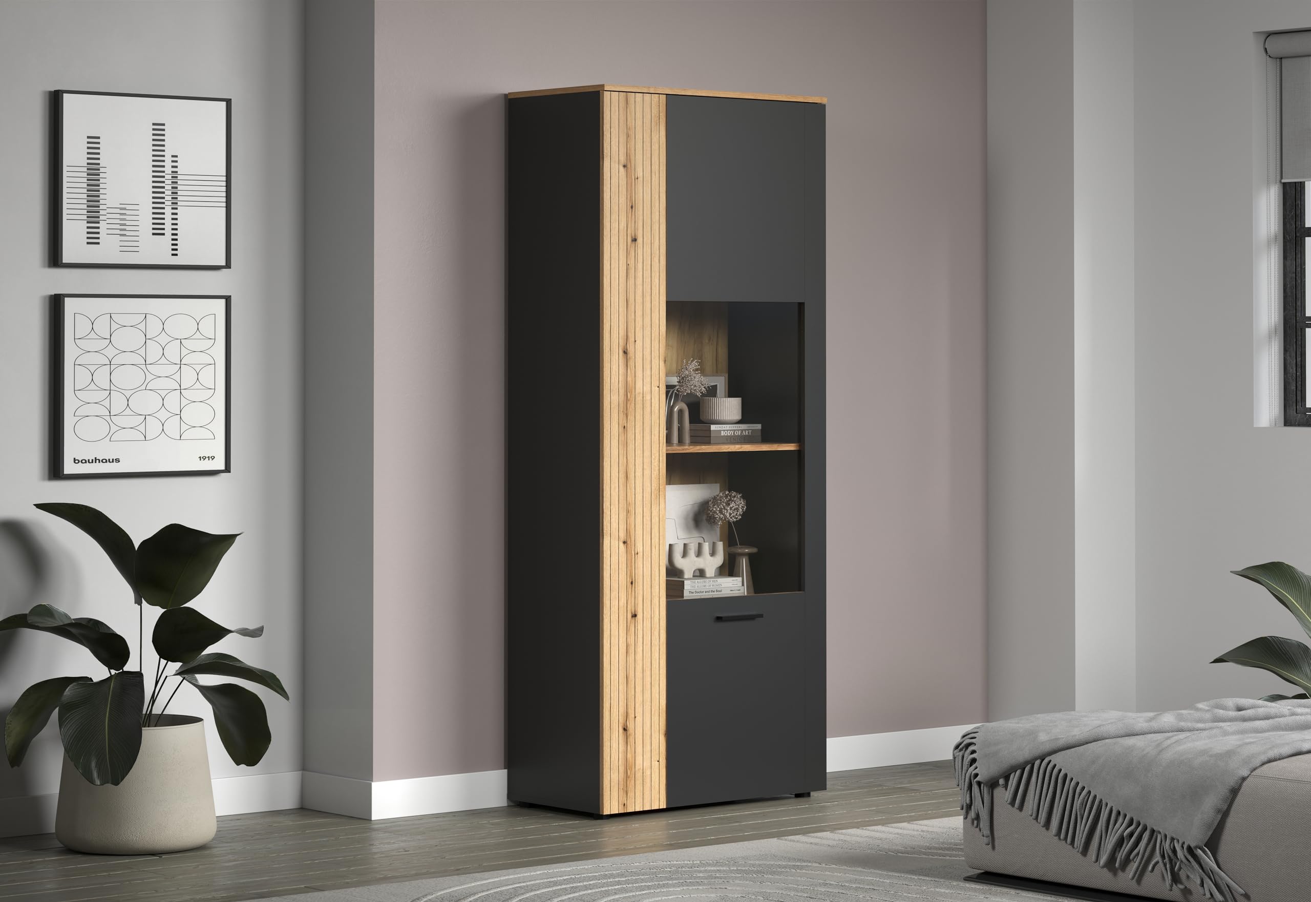trendteam smart living - Esteban - Vitrine - Anthrazit/Eiche - Standvitrine in Rillenoptik - (BxHxT) 80 x 195 x 42 cm - eleganter Wohnzimmerschrank mit 6 Fächern