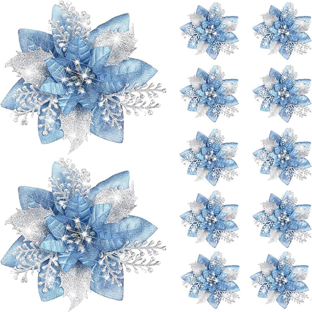 CTRLZS 20PCS 14.5cm Glitter Artificial Christmas Flowers Merry Christmas Tree Decoration Happy New Year Ornaments Xmas,B