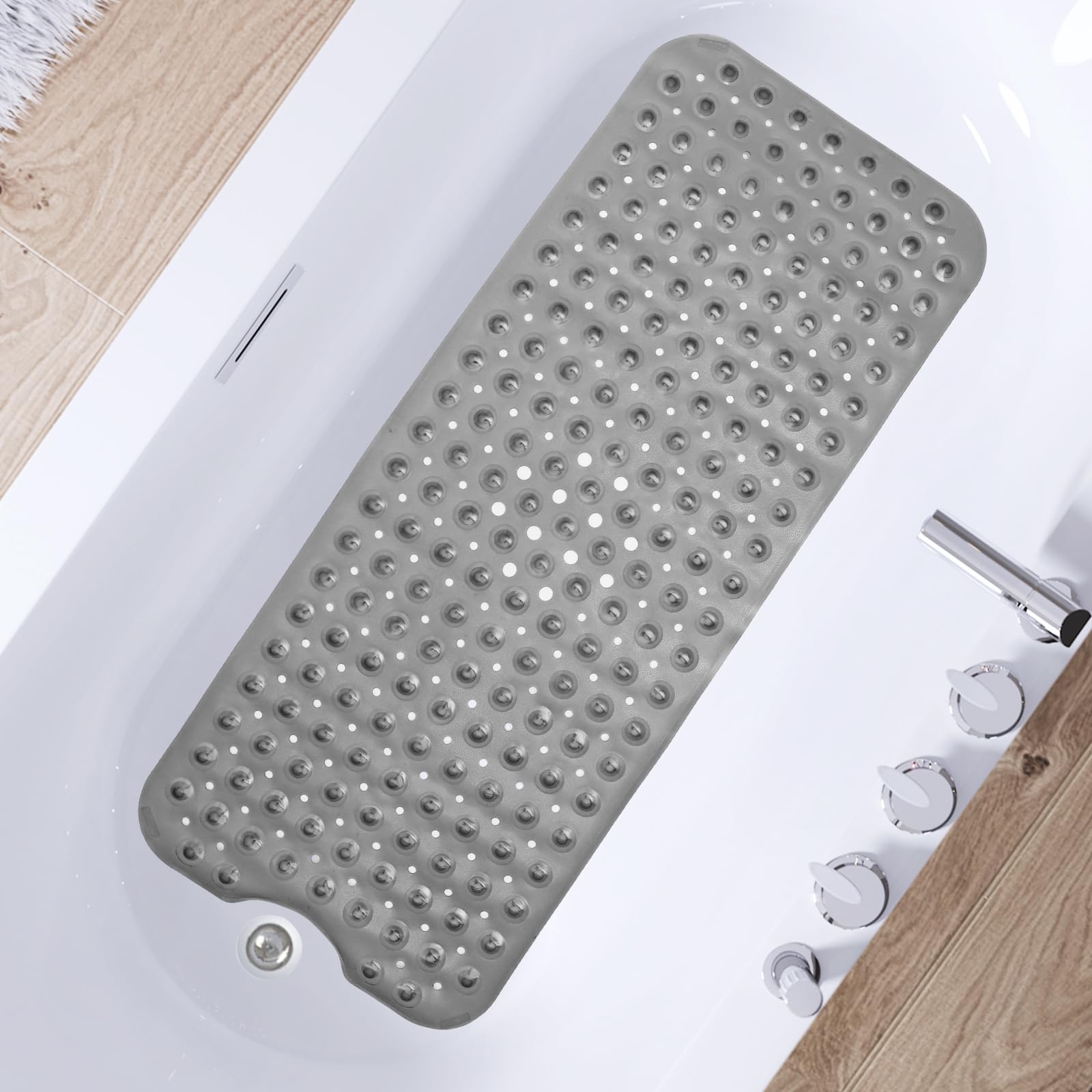 Bathtub Shower Mat,Non Slip Bath Mat for Tub 40 x 16 Inches, Bathtub Mat Non Slip with Drain Holes Suction Cups, Machine Washable, PVC Extra Large Bathtub Mats, Clear Gray