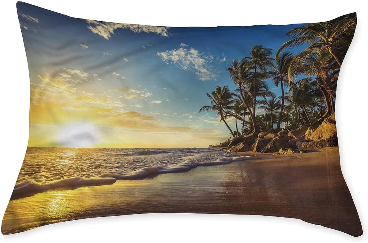 Decorative Bedding Sheet Set Cal-King Size, Ocean Deep Pockets Fitted Sheet & 2 Pillow Sham Set(No Flat Sheet), Exotic Beach Sunset Print Microfiber 3pc Bed Sheets Set, for Mattress (Deep: 5"-15")