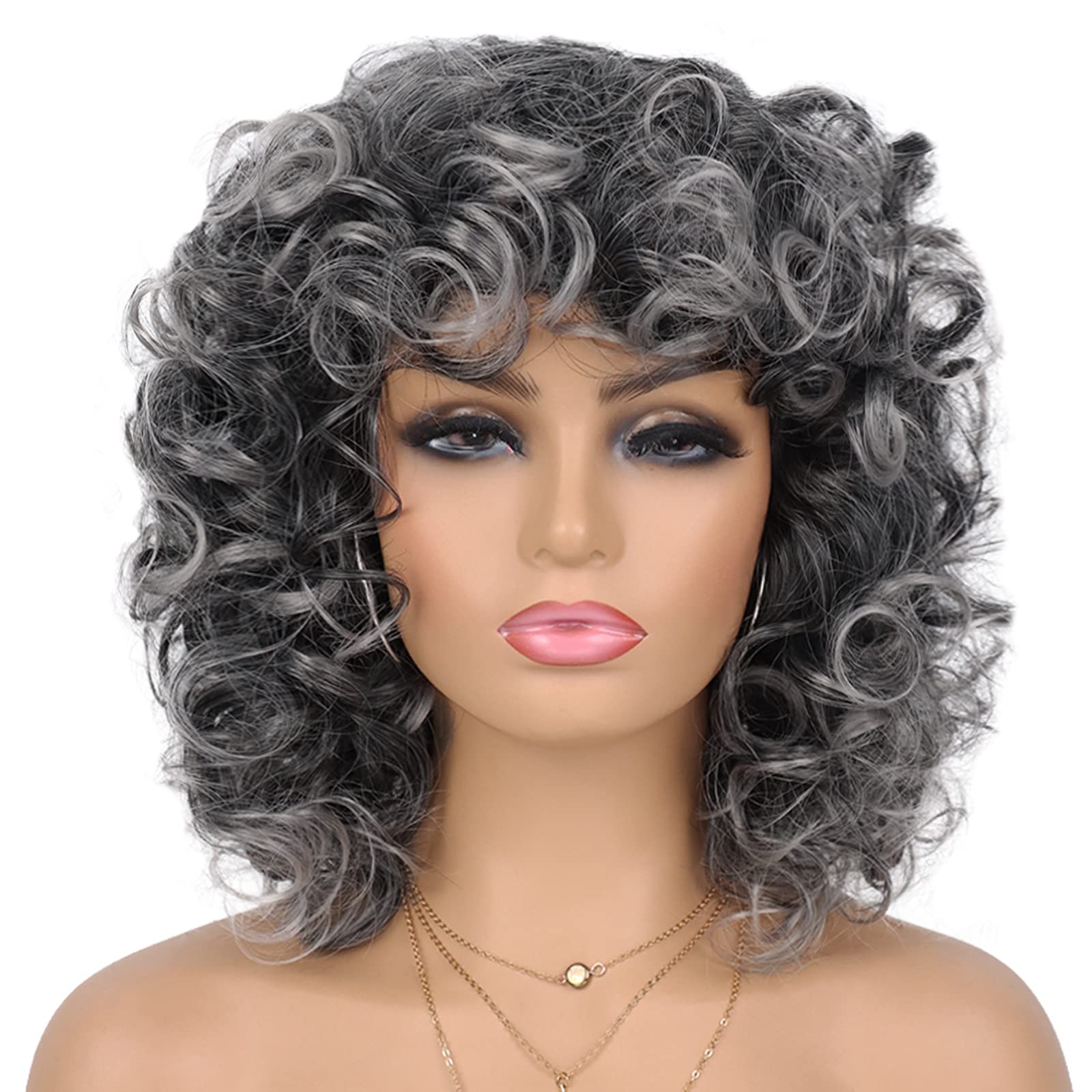 G&T Wig Grey Curly Wig with Bangs for Black Women Glueless Wear and Go Wig Afro Curly Synthetic Wigs Ombre Color Heat Resistant Short Curly Wigs Natural Looking Hair for Daily Party Use (1B/Grey)