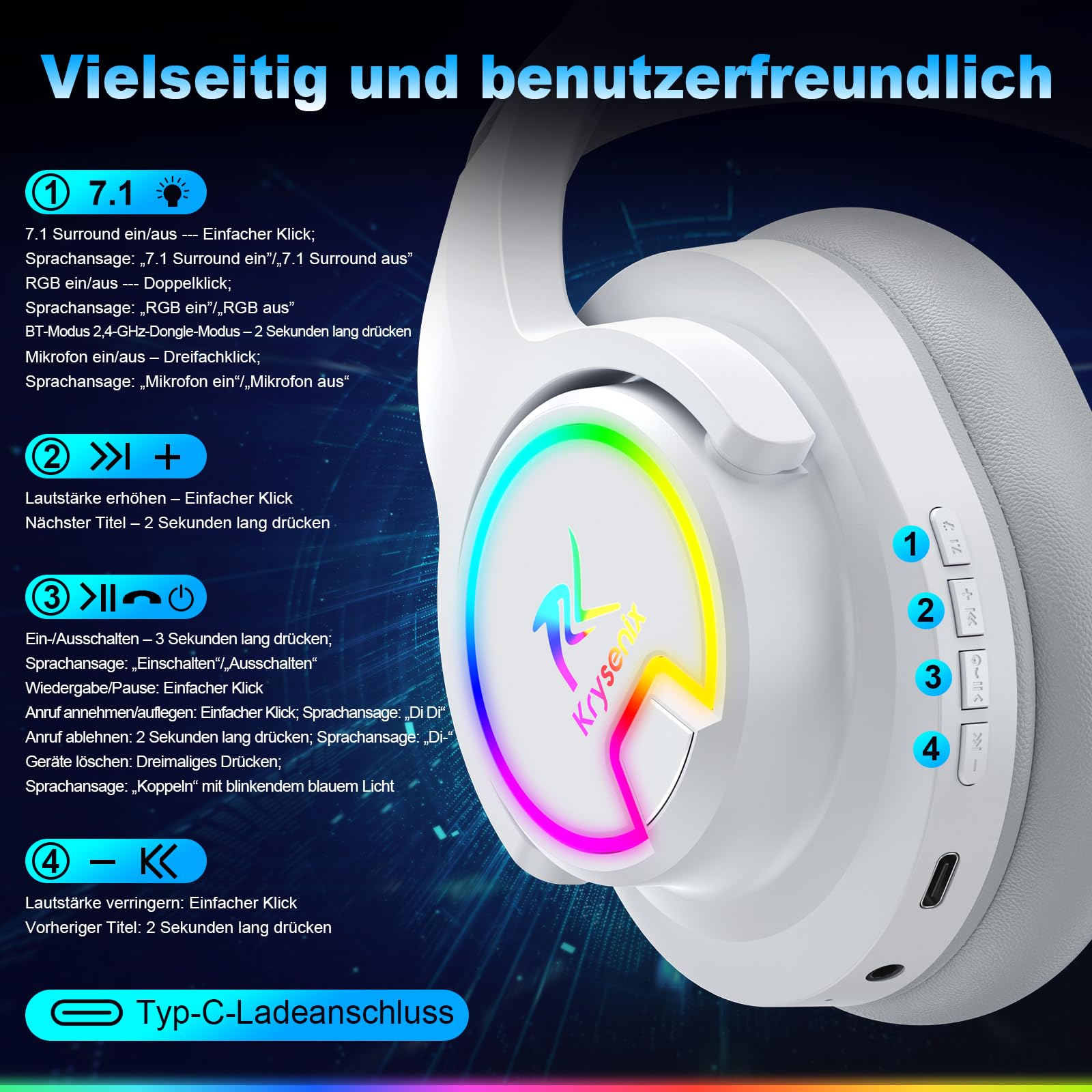 Krysenix PG3 2,4 GHz Cascos Gaming Inalámbricos para PS5, PS4, PC, Mac, Switch, Auriculares Inalámbricos Bluetooth 5.4 con micrófono Desmontable, 7.1 Sonido Envolvente, Duración 48Hr, Luz LED