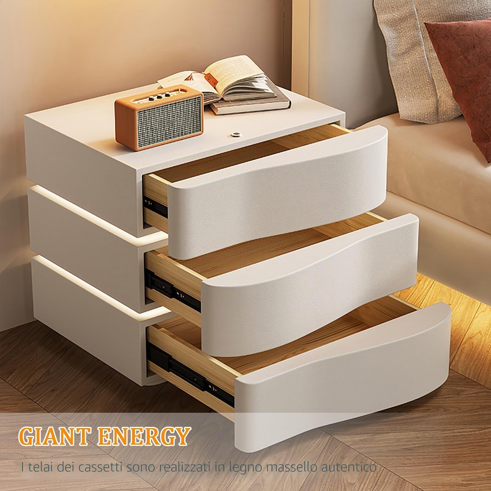 Comodino con Cassetti in Legno, Comodino A LED, Comodino Bianco, Comodini Camera da Letto Moderni, Comodino Moderno con Contenitore, Comodino Camera da Letto.(Brown,40 * 43 * 43CM)