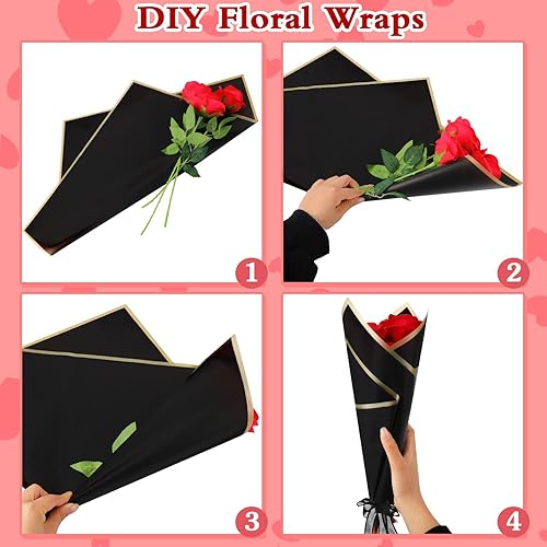 Miniatura 3 de TWOWYHI 100 piezas de papel de regalo de flores de 22.8 x 22.8 pulgadas, papel de regalo floral con cinta, papel de regalo de flores negras para