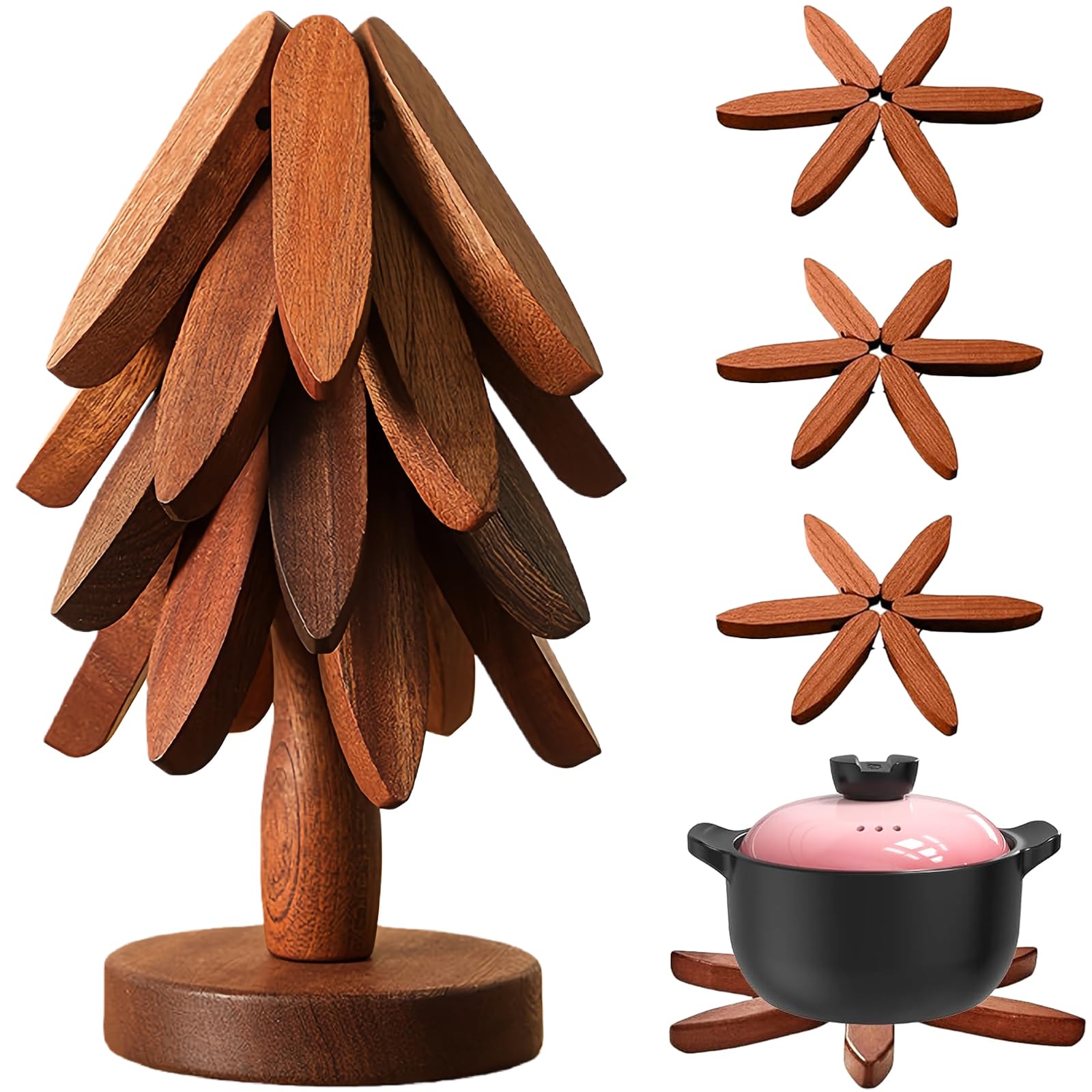 Eduplayte Brown Wooden Trivets For Hot Dishes - Coaster Stack, Tree Shape, 3 Foldable Reusable Wooden Trivets 1 Stand Stored Set, Wood For Hot Pots, Pans, Bowl, Teapot, Practical Trivet On The Kitchen Counter Deco