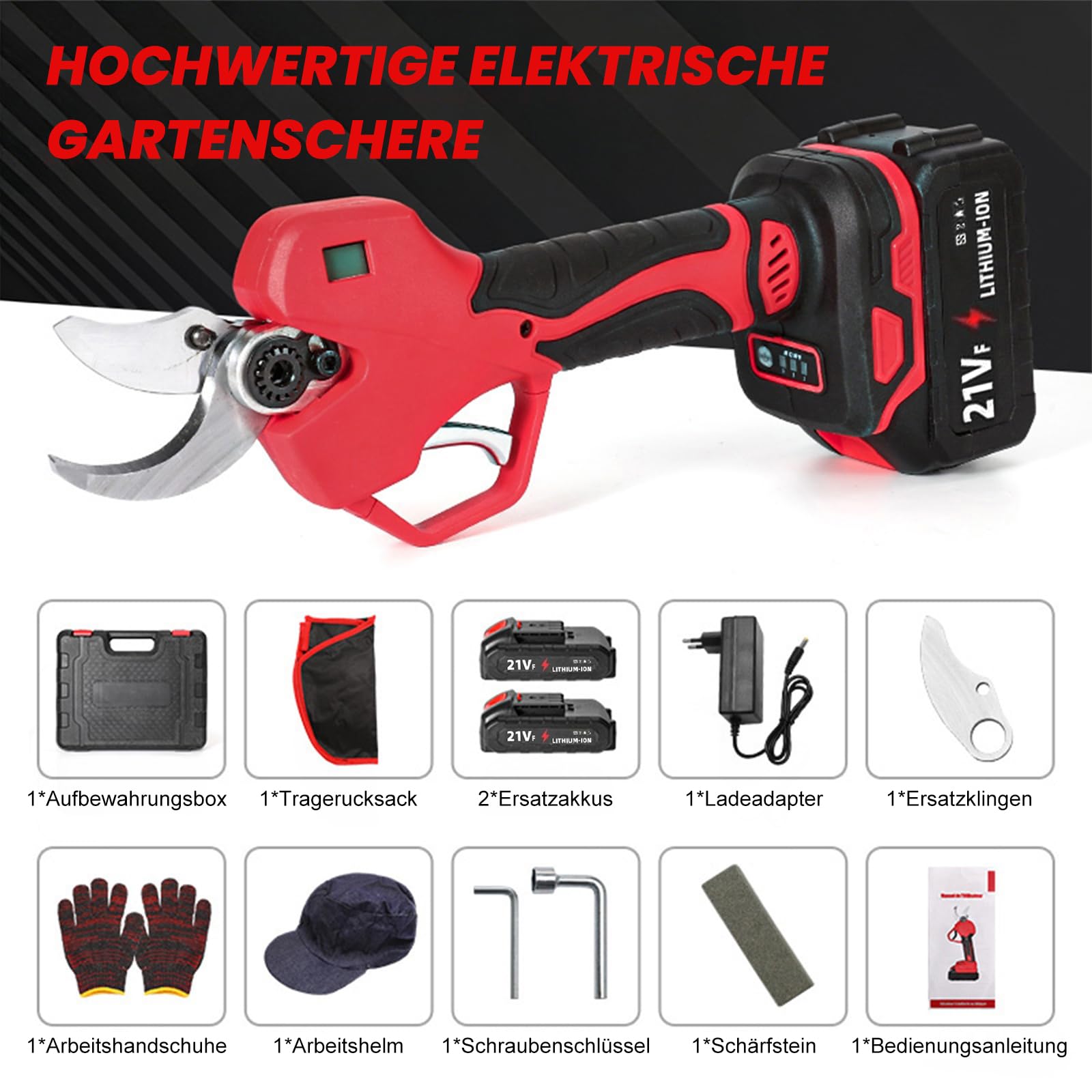 Akku Astschere, 50mm Elektrische Gartenschere mit 2 Akkus und LCD-Bildschirm, SK5-Klingen, Bürstenlosem Motor, Sicherheitsschalter, Gartenschere akku für Gartenarbeit, Weinreben und Obstbäume