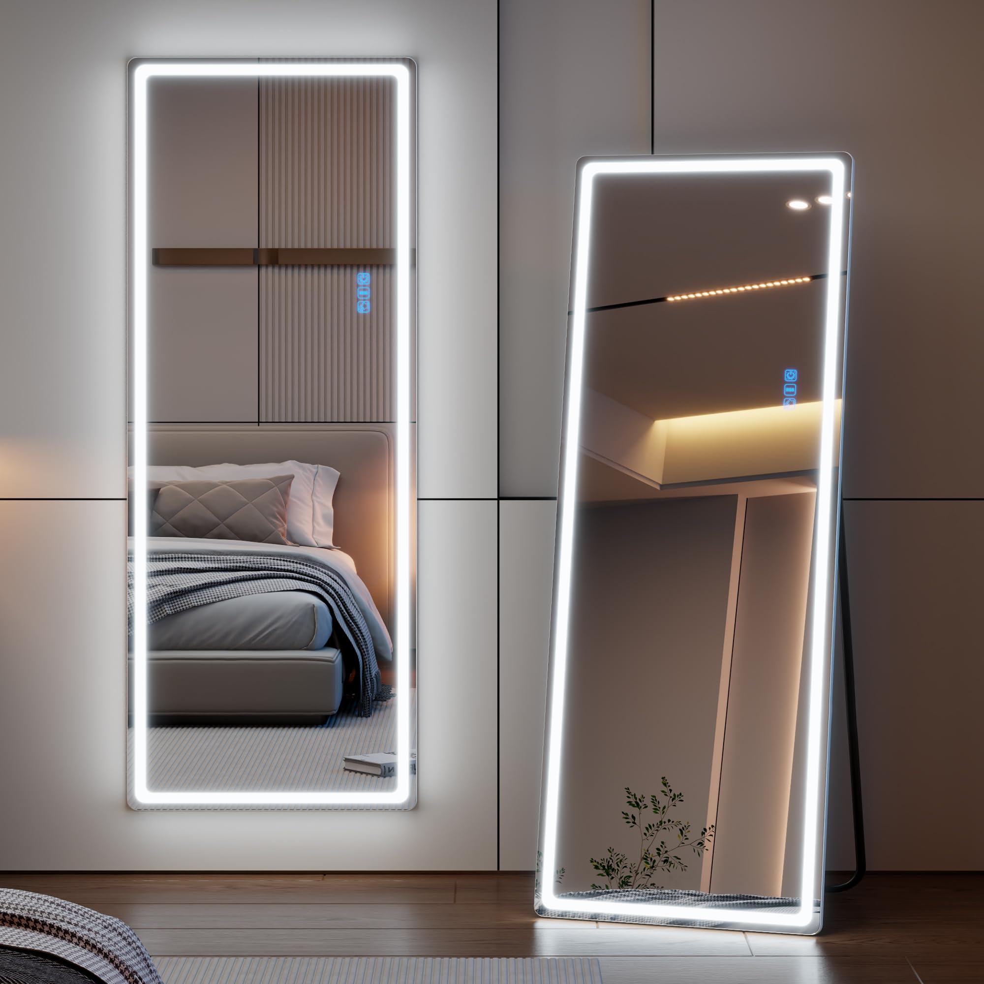 LVSOMT RGB Ganzkörperspiegel mit Beleuchtung, 153x50cm Standspiegel Ganzkörperspiegel Ohne Rahmen, LED Wandspiegel Groß für Schlafzimmer Wohnzimmer, 7 Dynamische Modi und 7 Farben Licht, Weiß