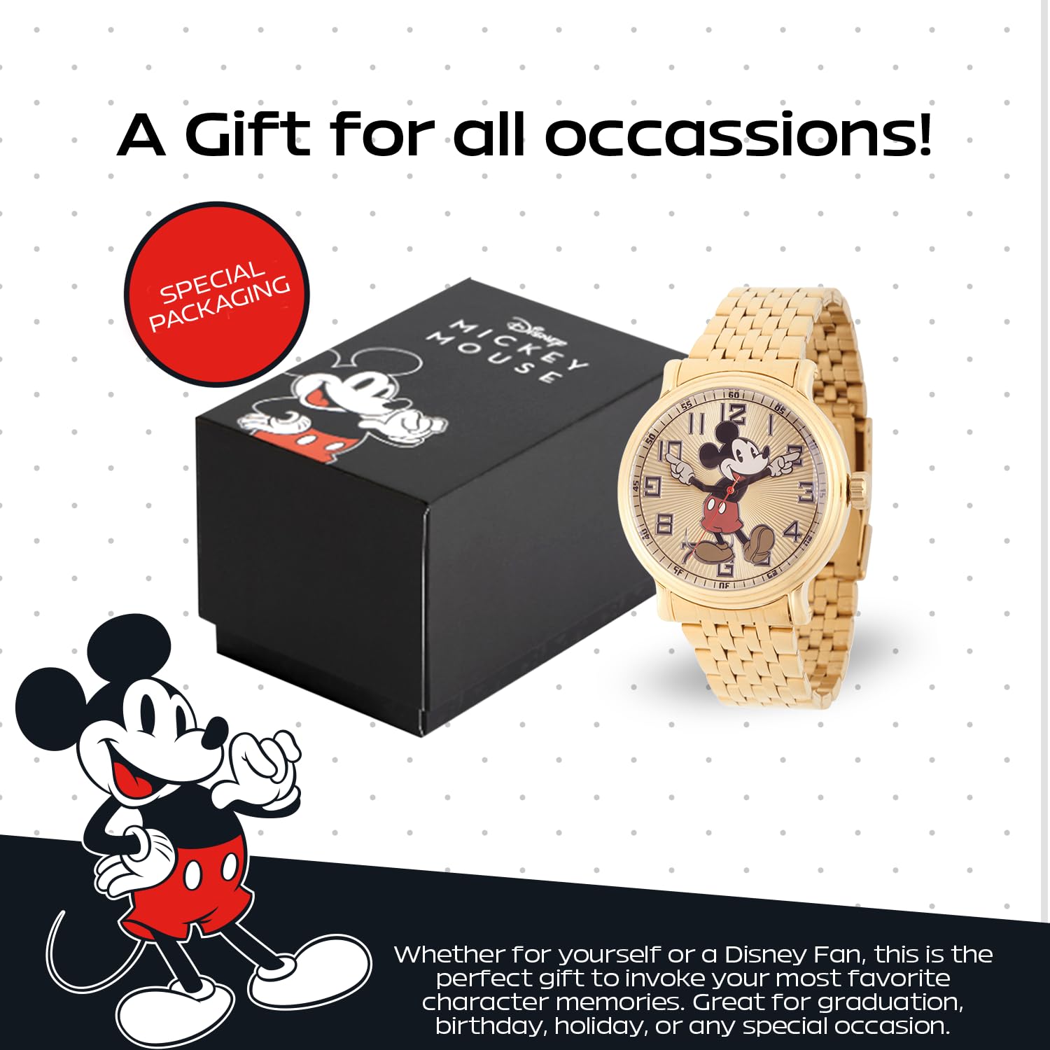 Disney Mickey Mouse W002413 Mickey Mouse Reloj analógico de Cuarzo Dorado, para Hombre, Dorado, Pulsera