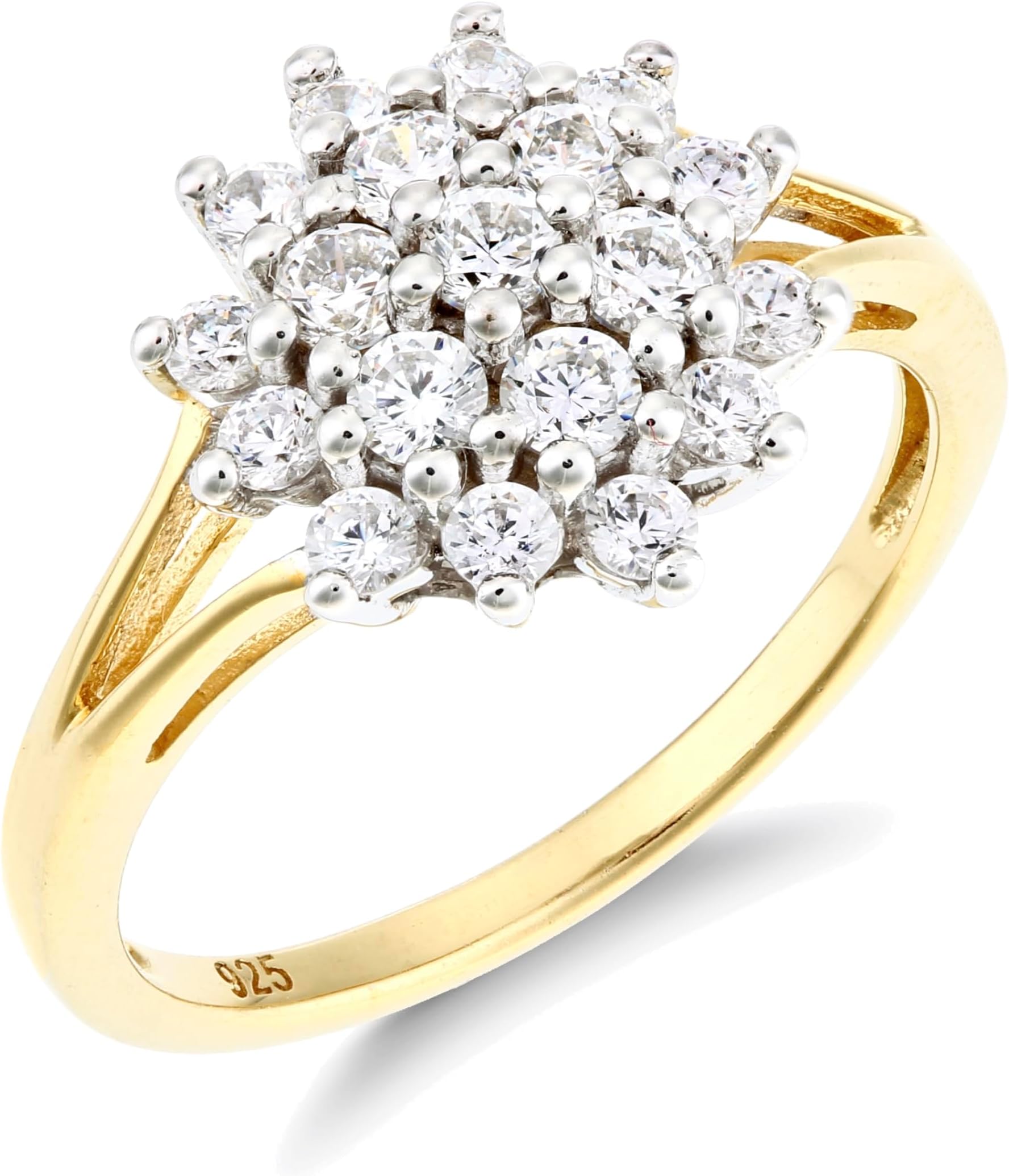 9ct Yellow Gold on Silver 1.00ct Sparkling Cluster Ring size J K L M N O P Q R S T U V
