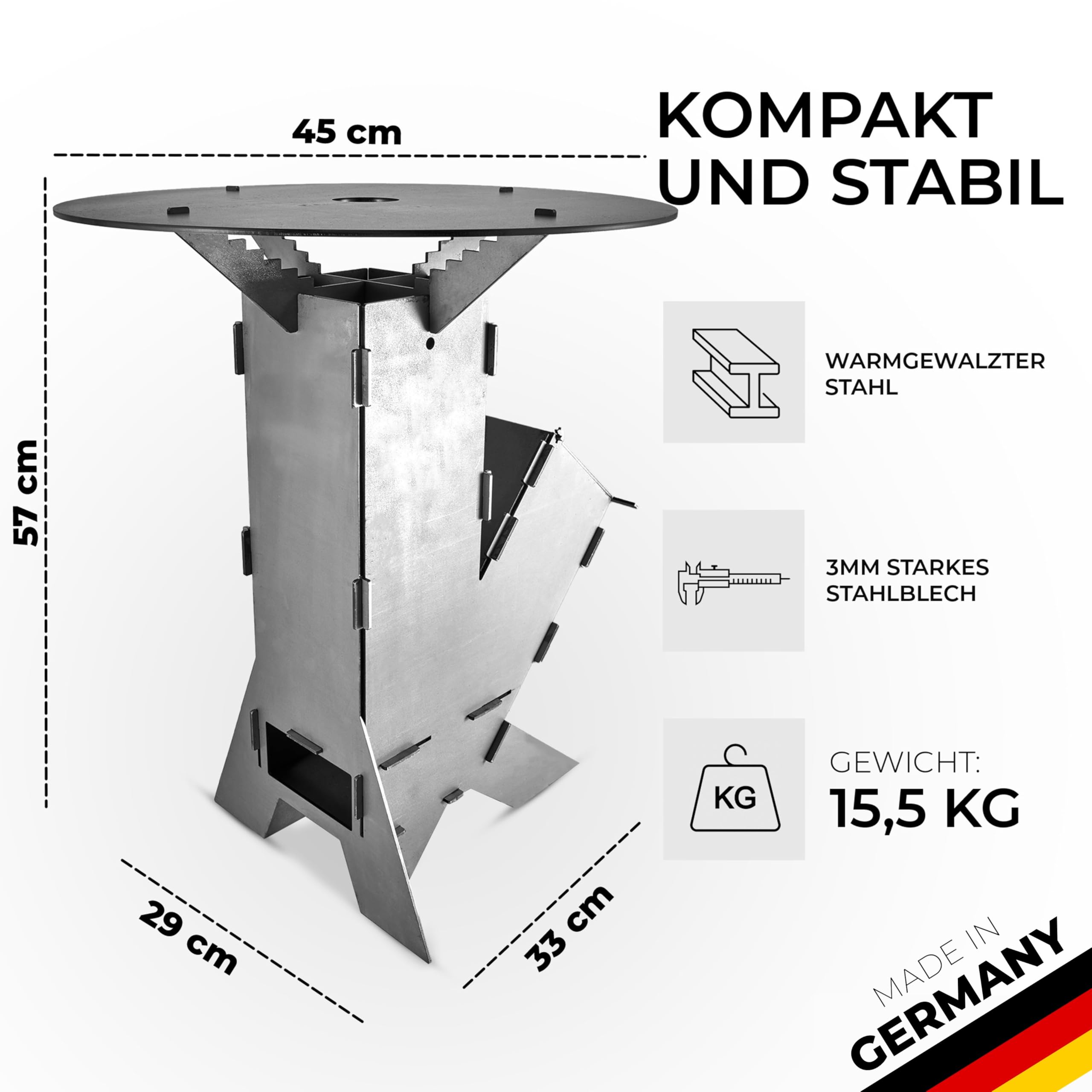 GRAFT Raketenofen inkl. Grillplatte Rocket Stove Stecksystem aus massivem 3 mm dickem Stahl | Feuerschale | Pelletofen | Holzofen | Campingkocher | Campinggrill | Holzkochherd