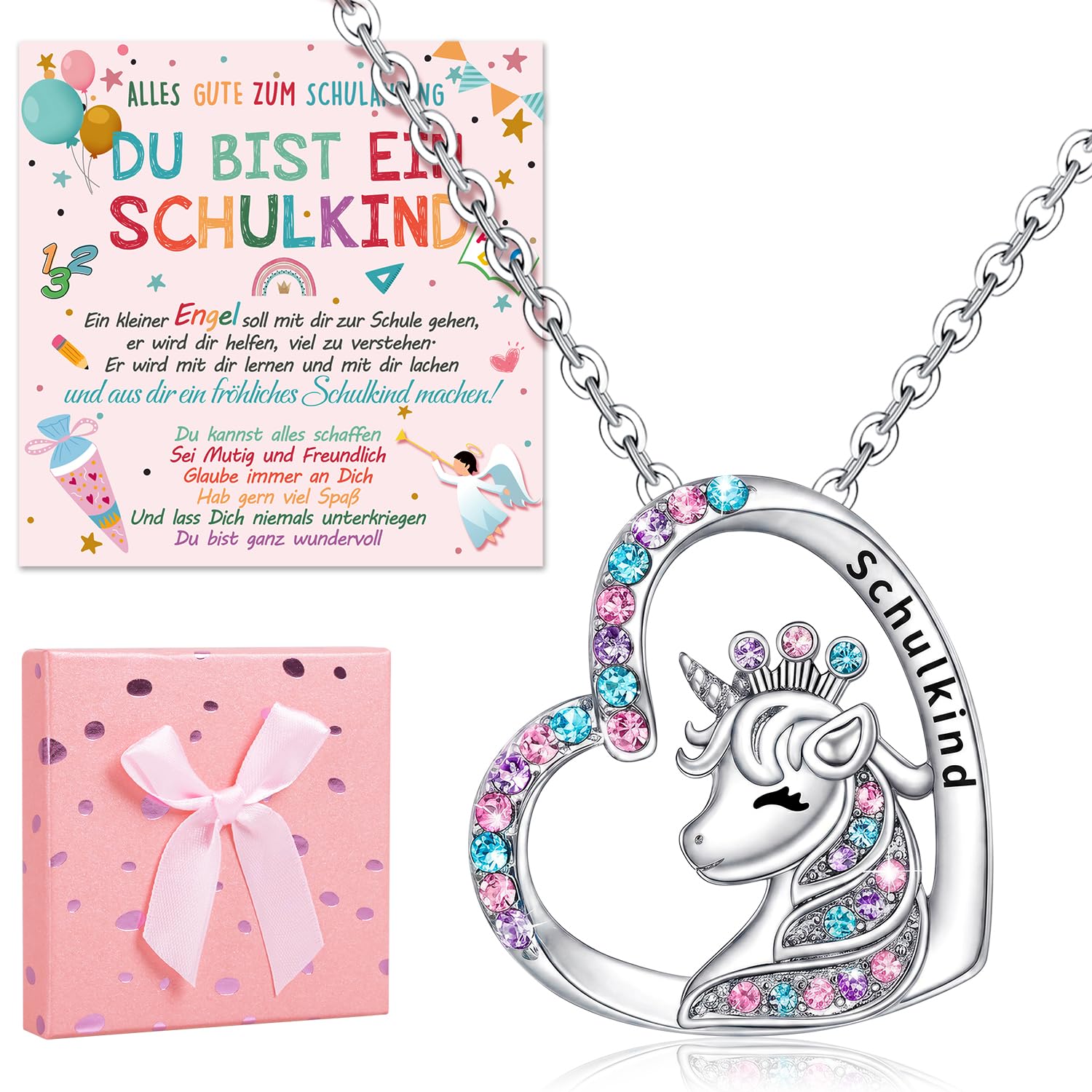 iZoeL Einschulung Geschenk Mädchen 2026 Schulkind Geschenk Schultüte Füllung Mädchen Schulanfang Einhorn Halskette Glücksbringer mit Grußkarte Geschenkbox